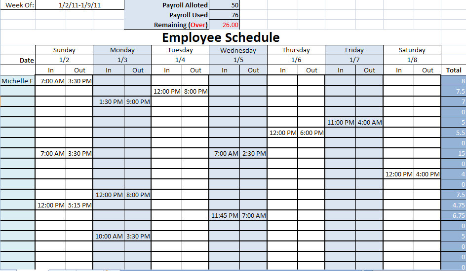 Printable Employee Work Schedule Template