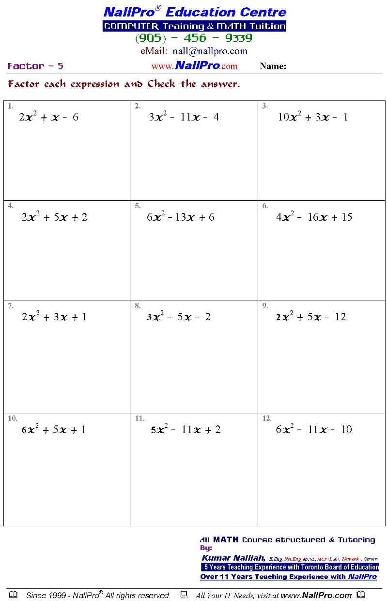 10th Grade Math Worksheets Printable