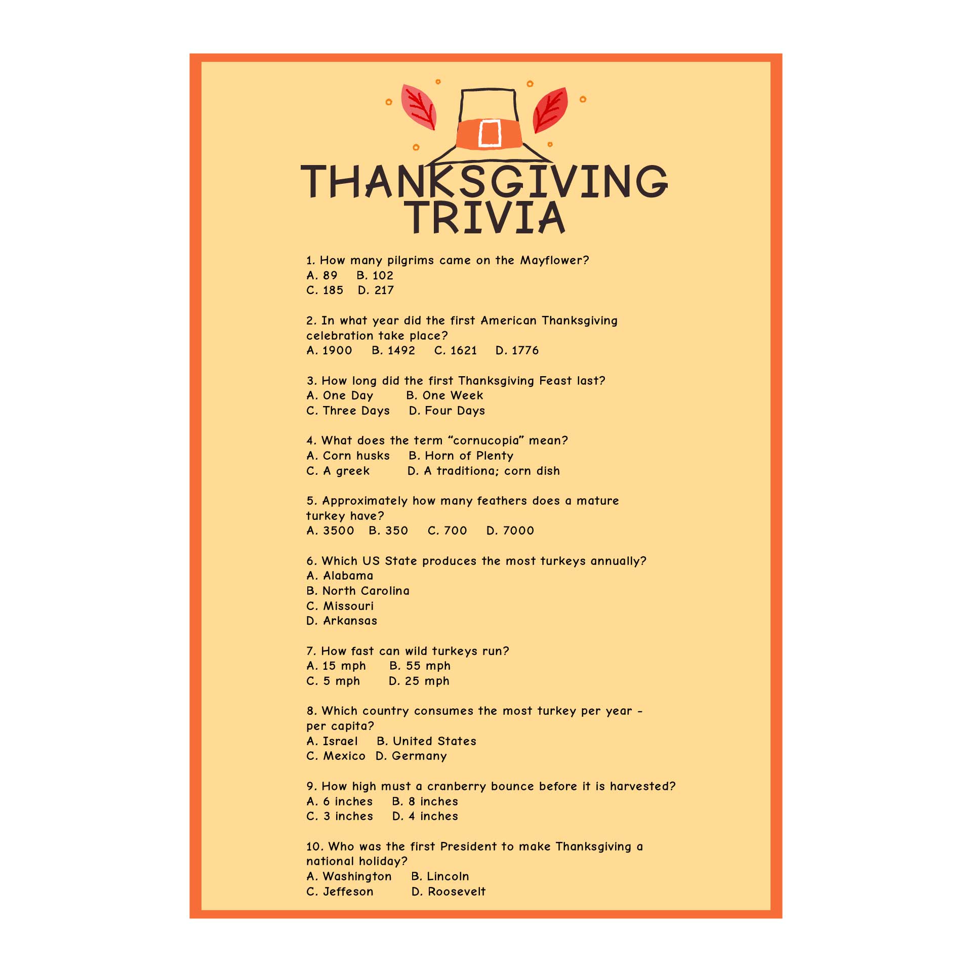 Printable Thanksgiving Trivia and Answers