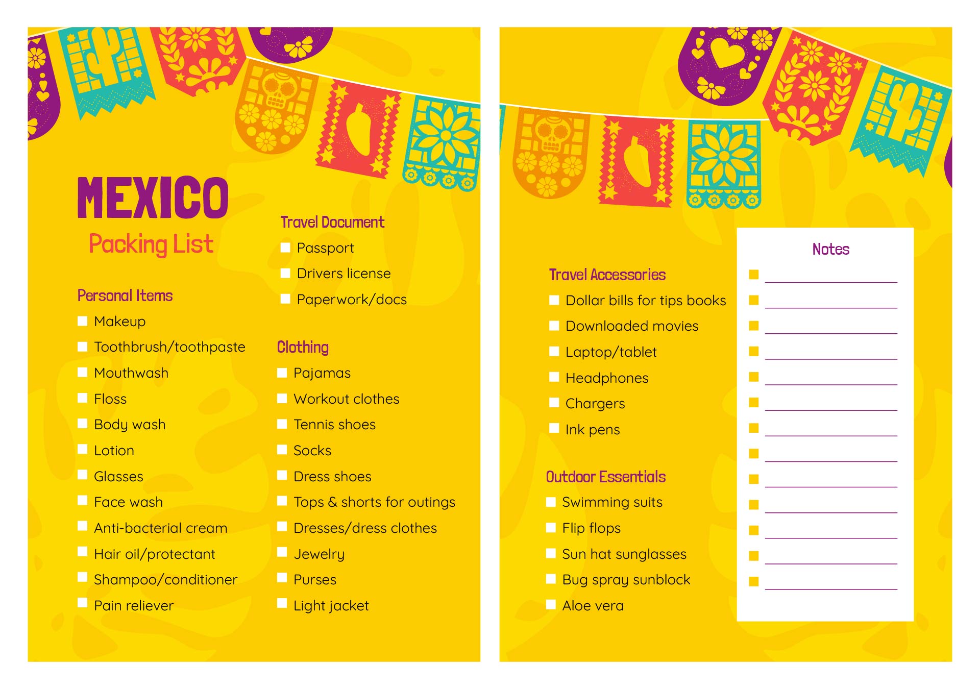 Mexico Summer Vacation Packing List Printable
