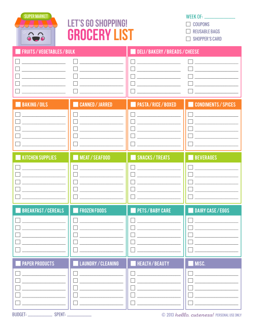 6 Best Images of Cute Printable Shopping Lists - Free Printable Grocery ...