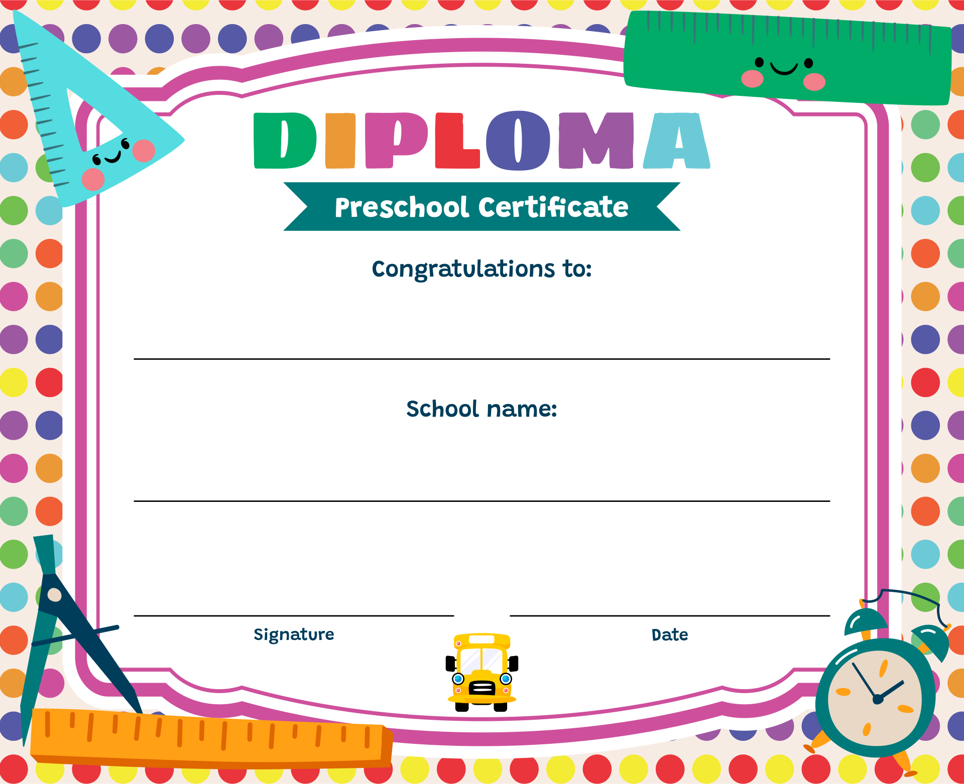 Editable Preschool Diploma Template