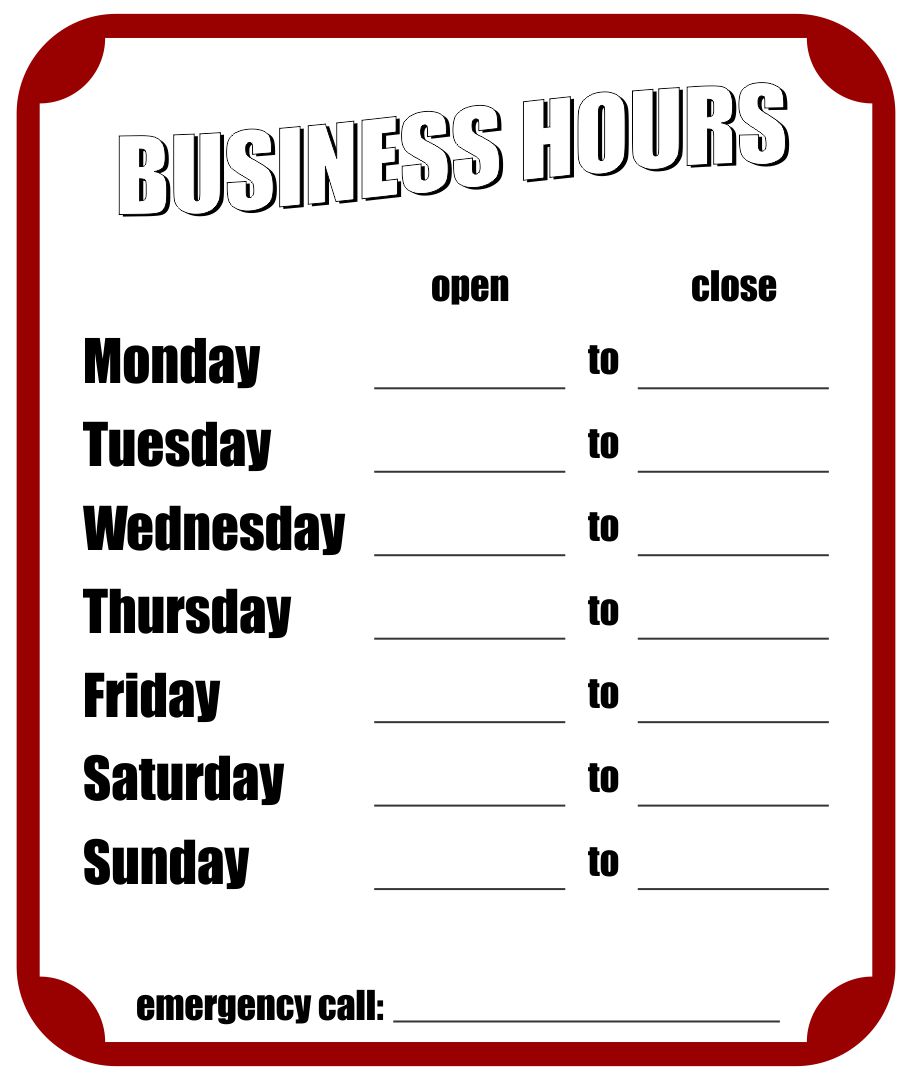 Printable Business Hours Sign Template Printable Templates