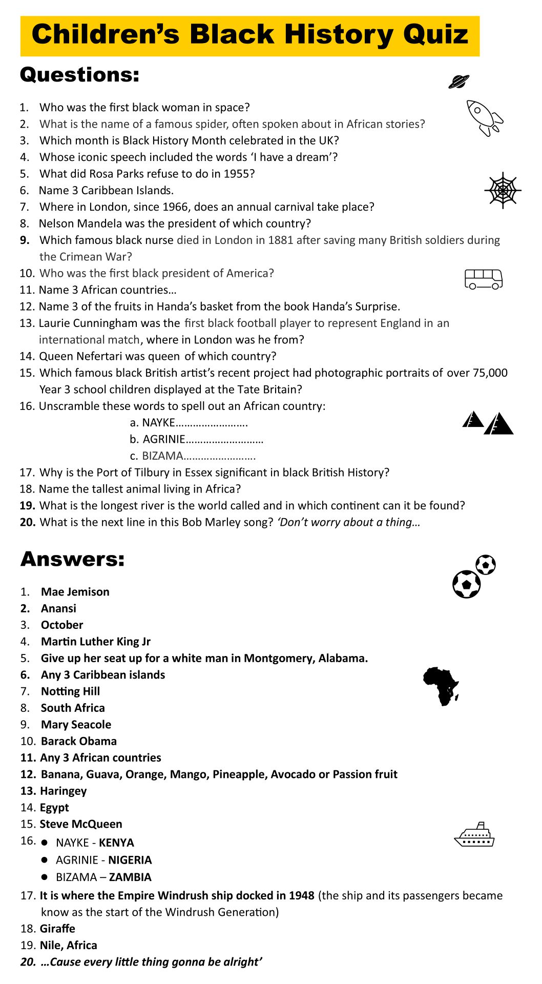 Black History Trivia Questions & Answers Printable