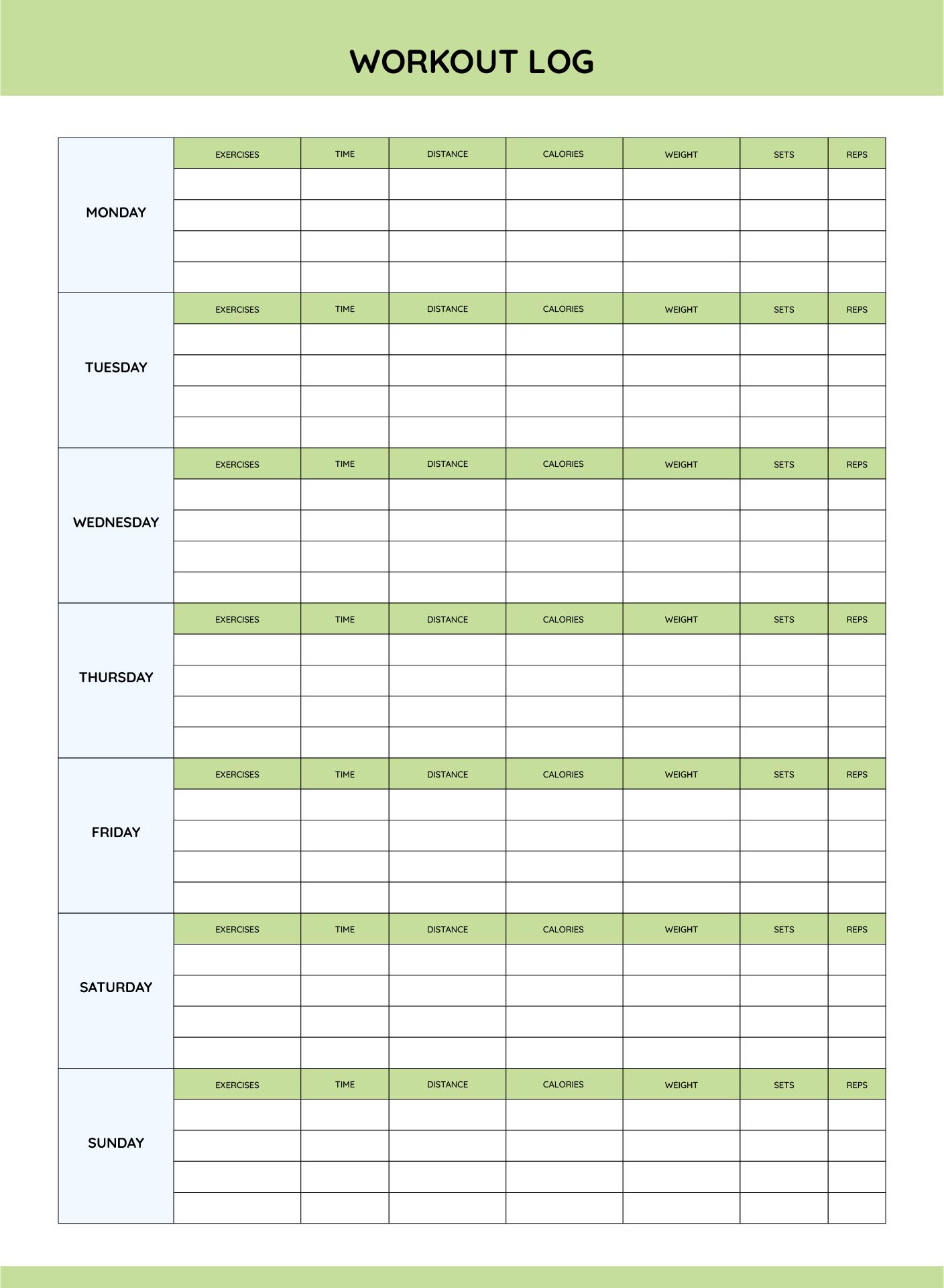 Printable Workout Log Monthly