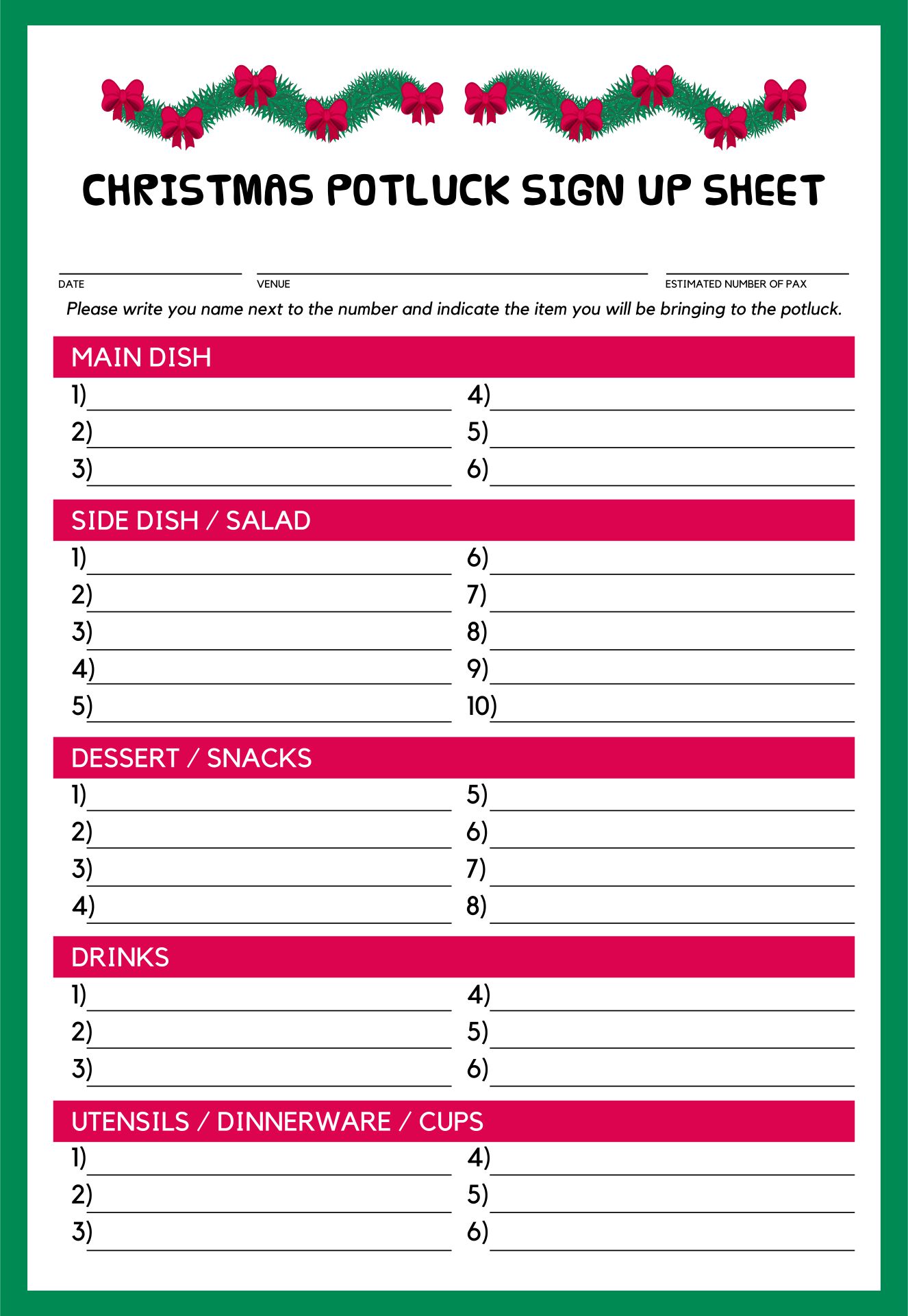 Potluck Signup Sheet Template Word