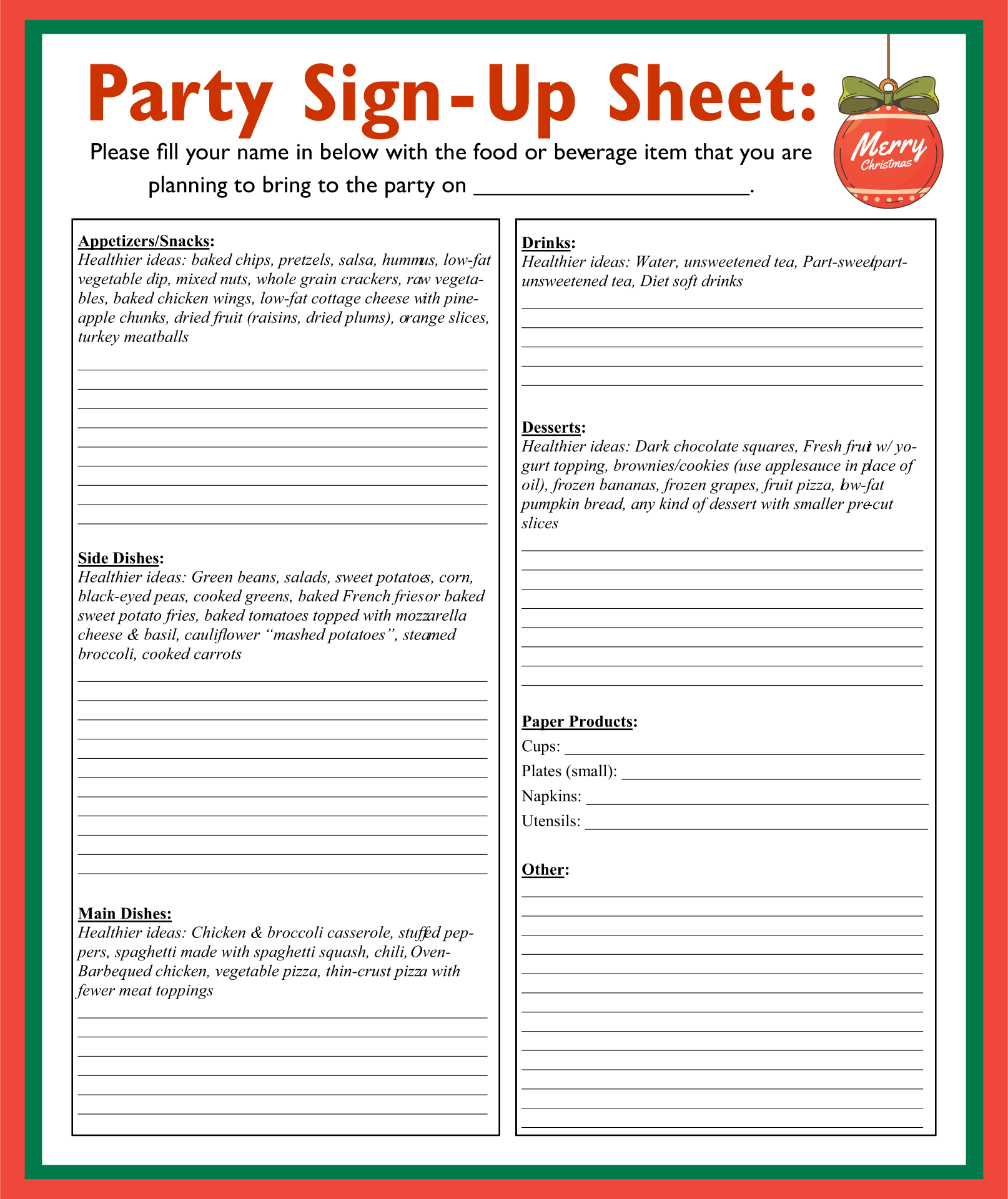 Christmas Party Printable Sign Up Sheet