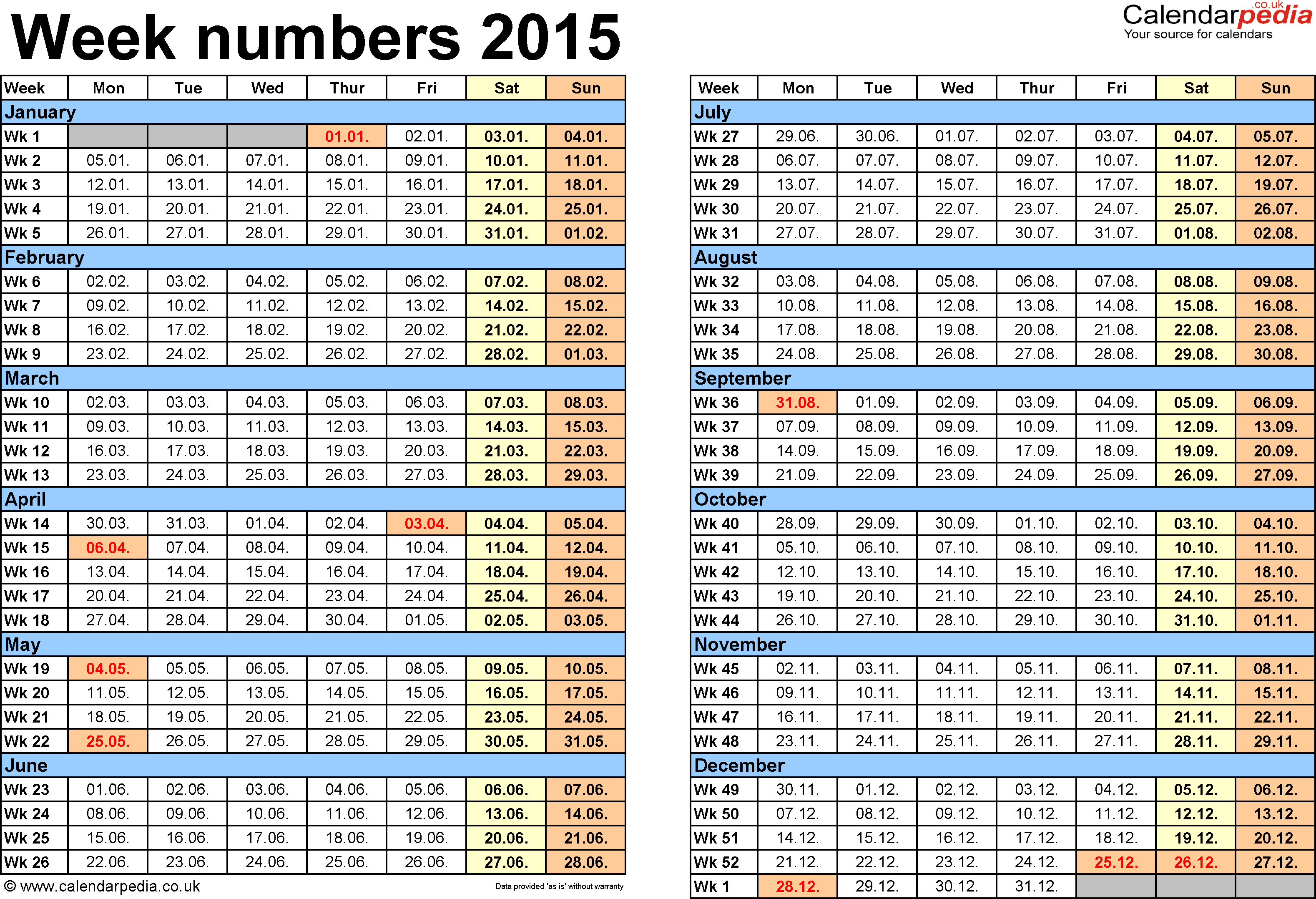 2015 Calendar with Week Numbers