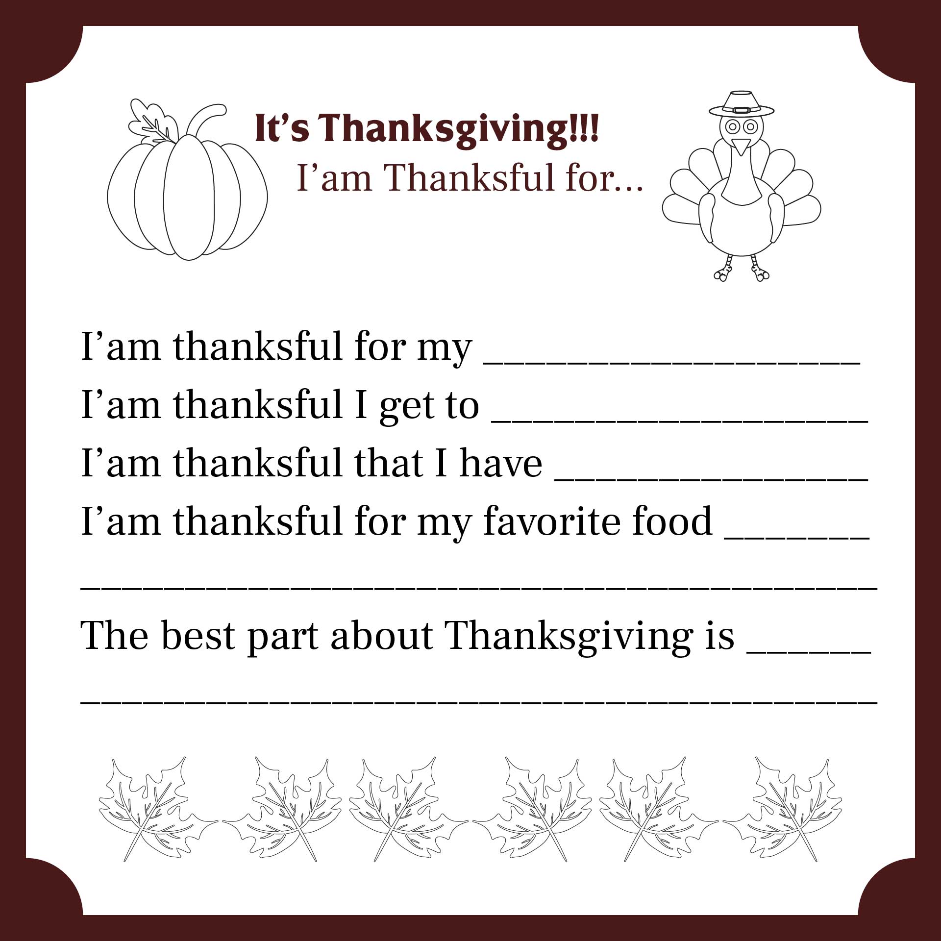 Adult Printable Thanksgiving Placemat
