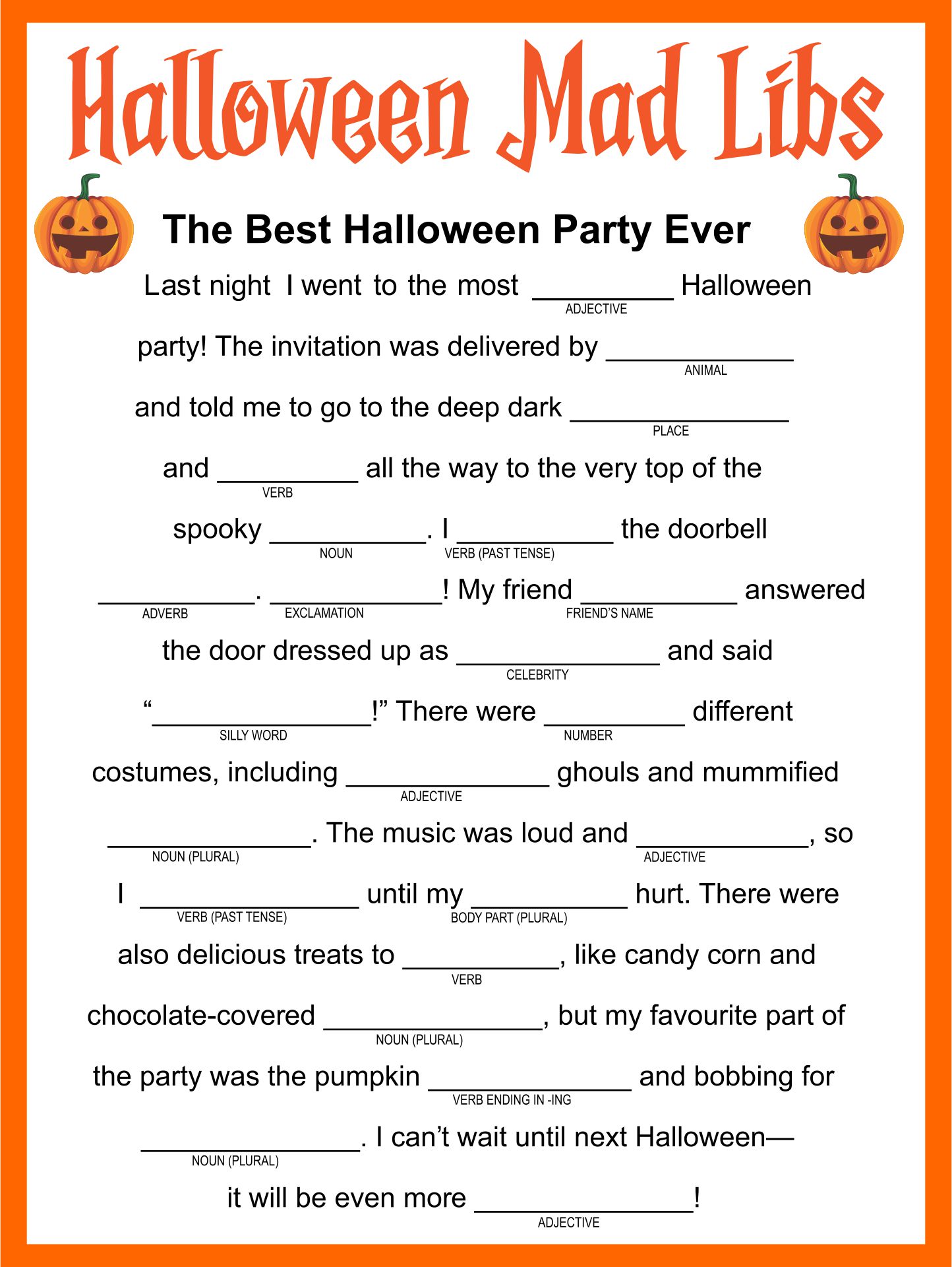 Halloween Printable Mad Libs Printable Blank World