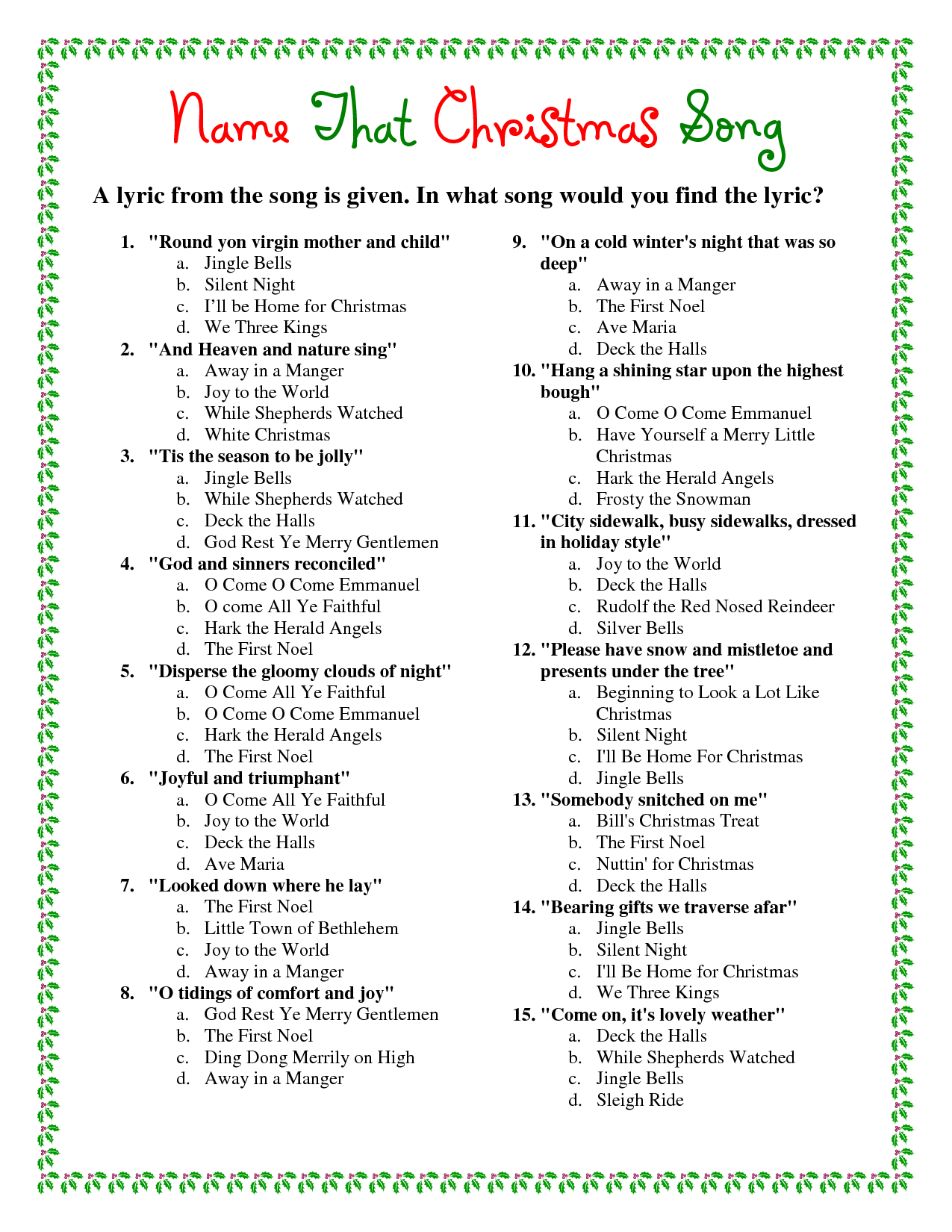 Printable Christmas Trivia Games