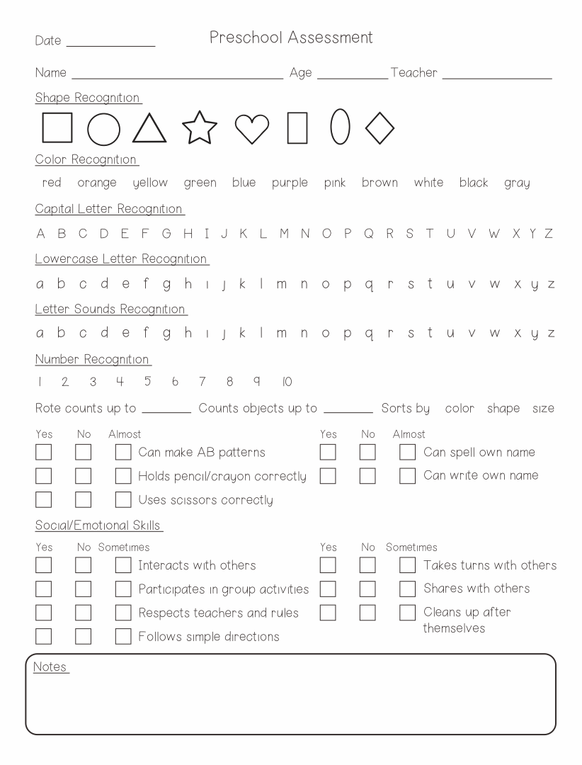 Free Printable Preschool Assessment Test - Printable Templates