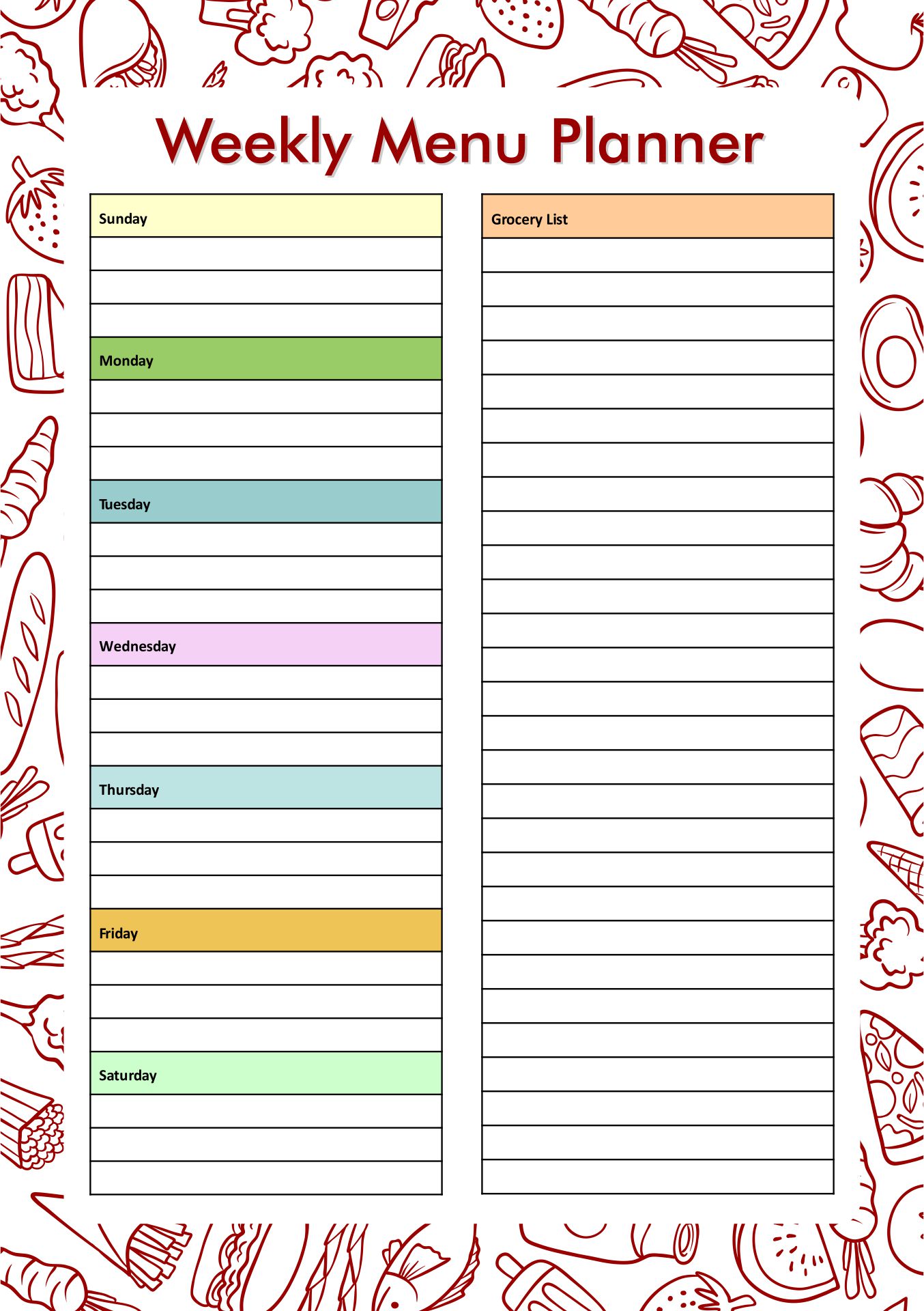 weekly meal planner printable template