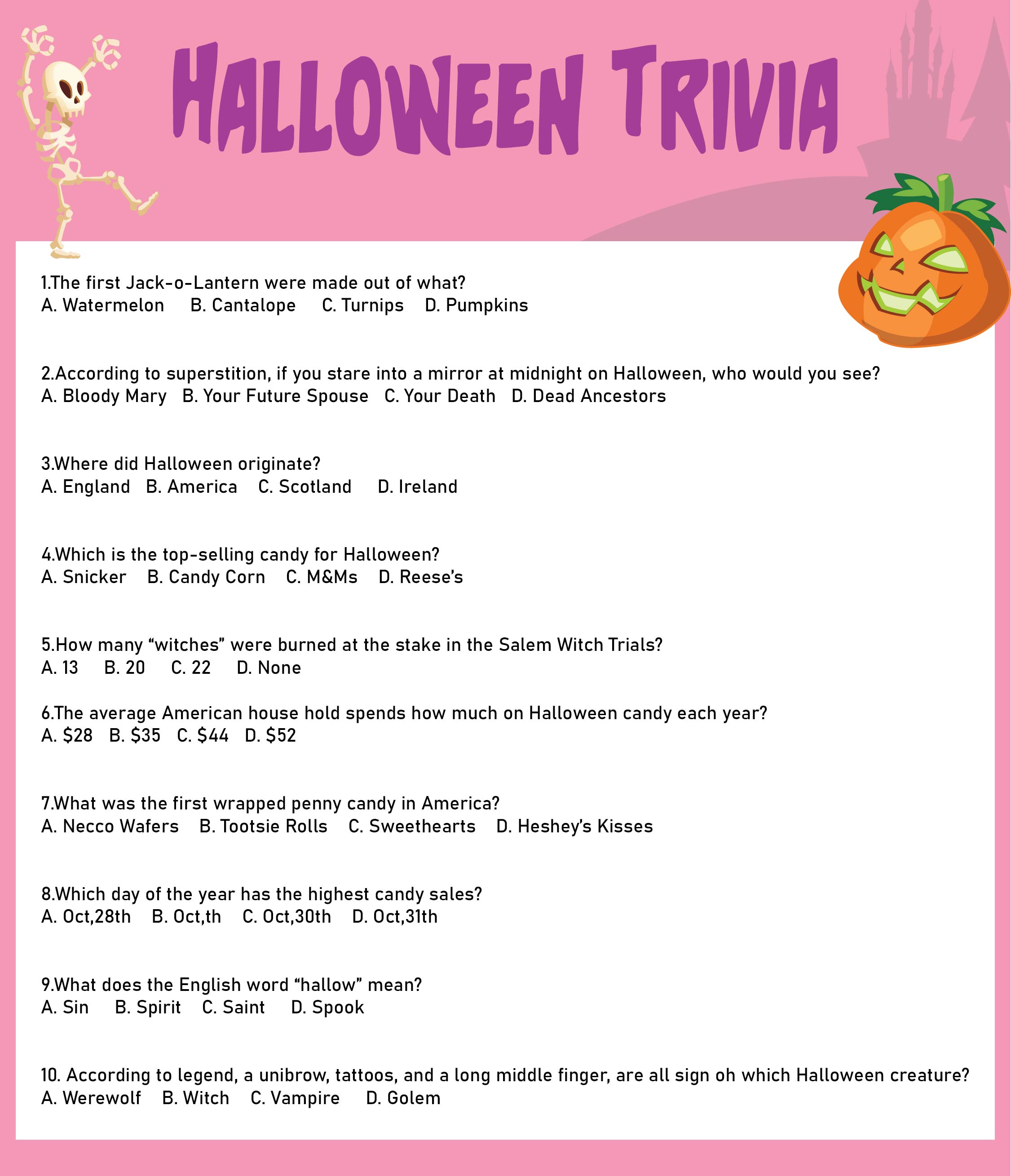 Halloween Trivia Questions Halloween Movie Trivia Sheet For Halloween 