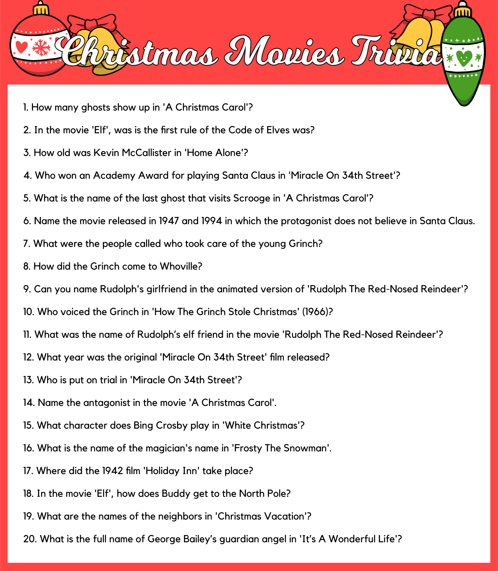 Christmas Movie Trivia Printable