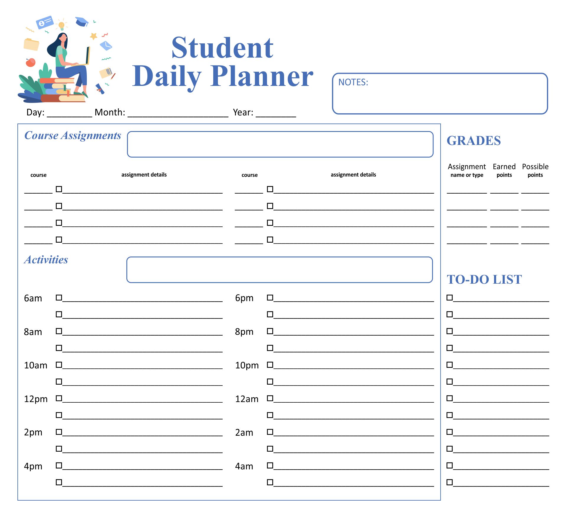 student weekly assignment planner template