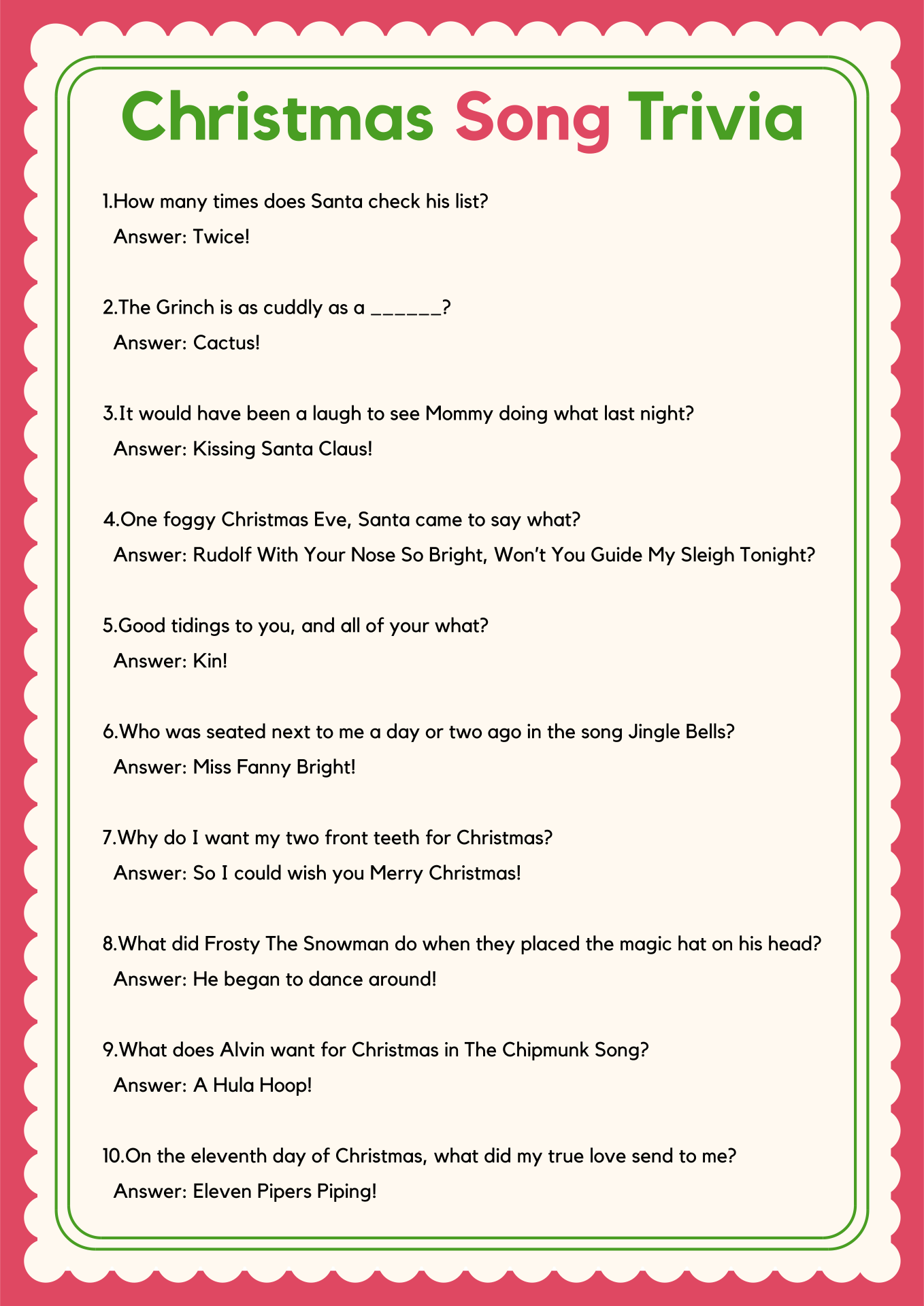 Christmas Trivia Free Printable - Printable World Holiday