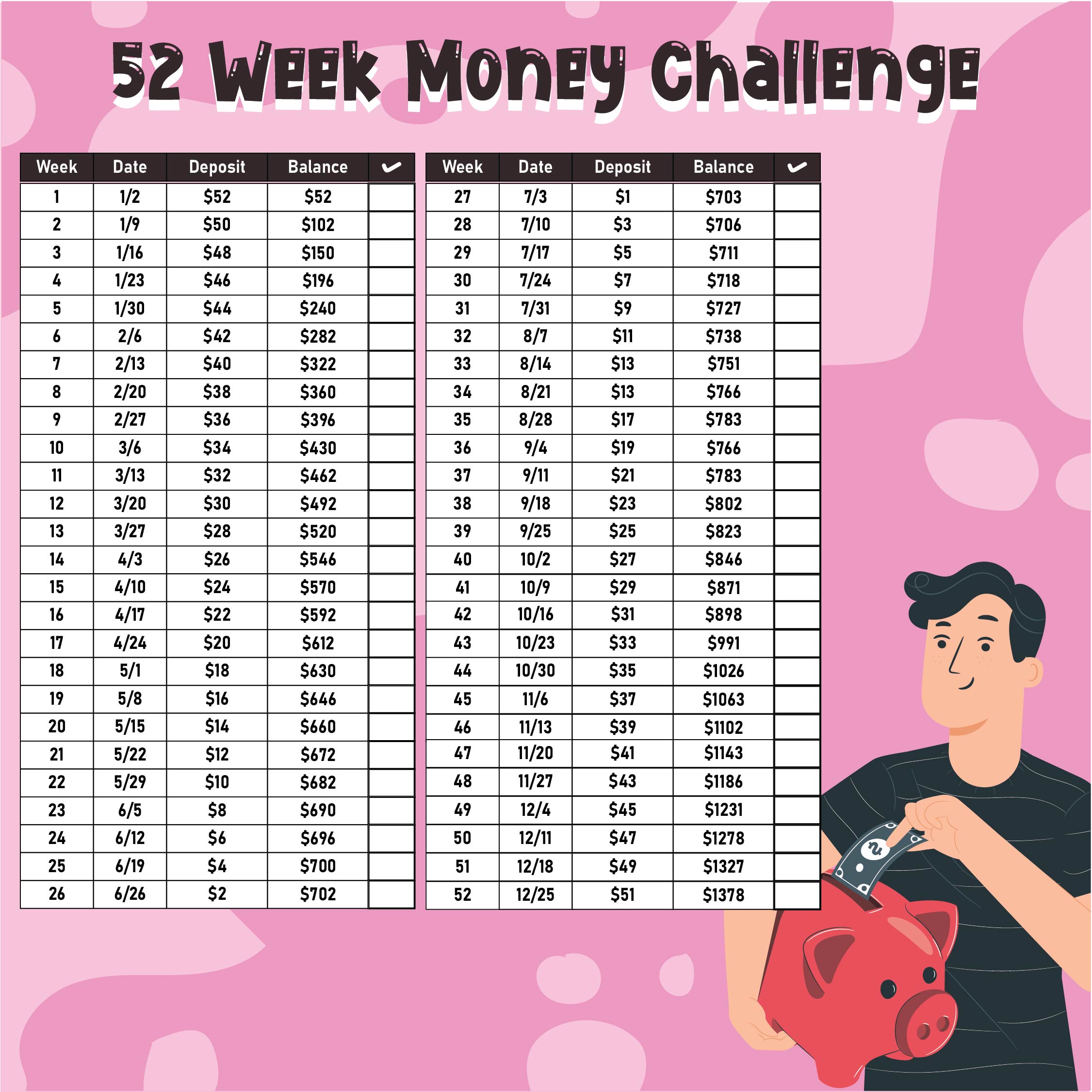 26 Week Money Challenge Printable Chart