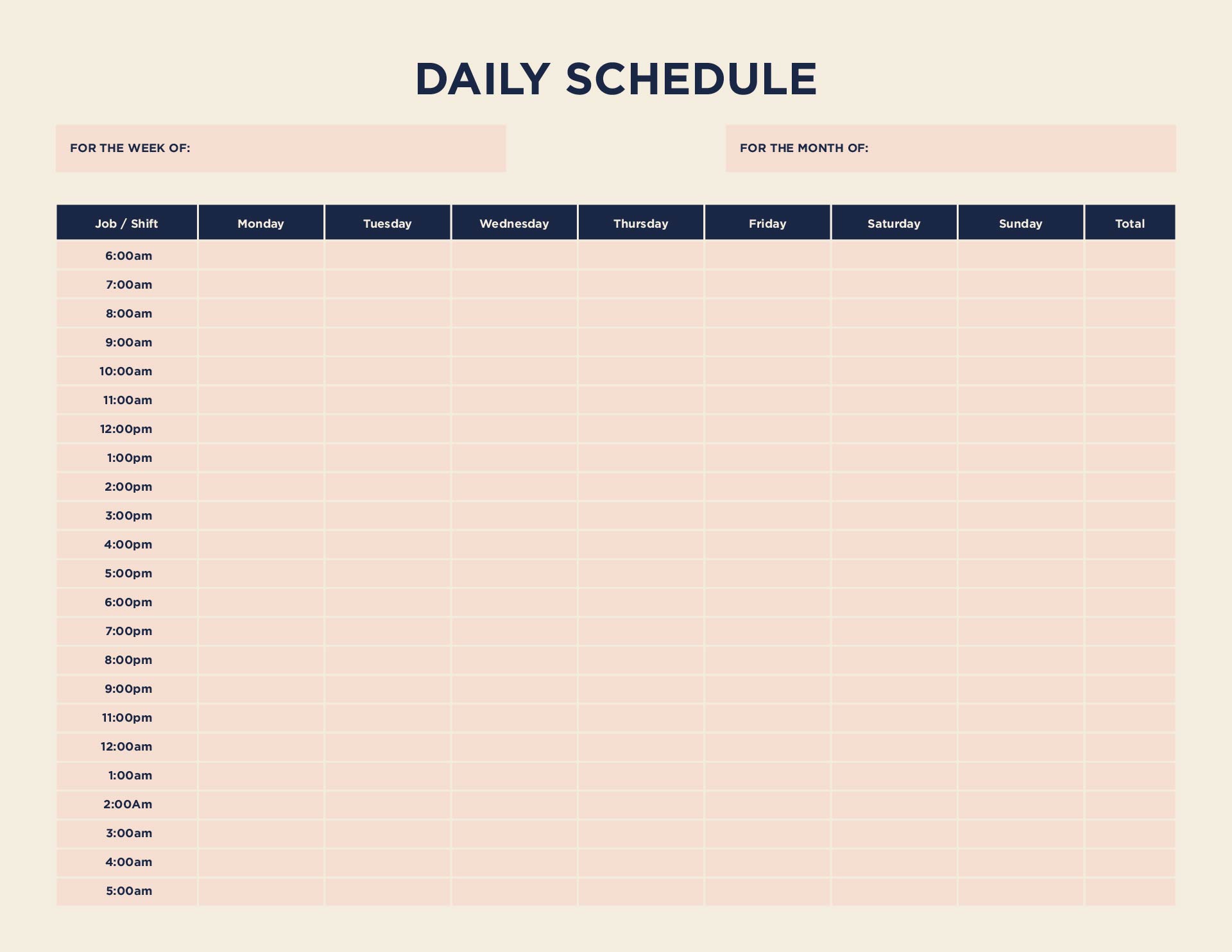 Printable Daily Hourly Calendar Template