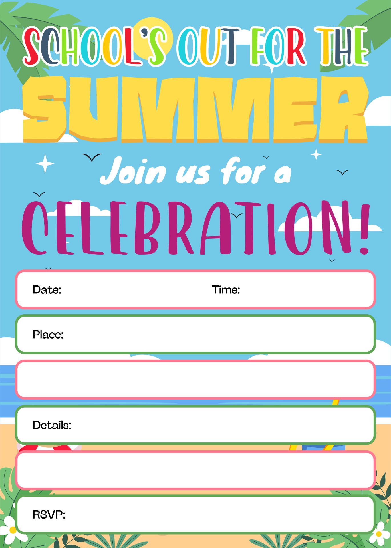 Schools Out For Summer Party Invitation Printable