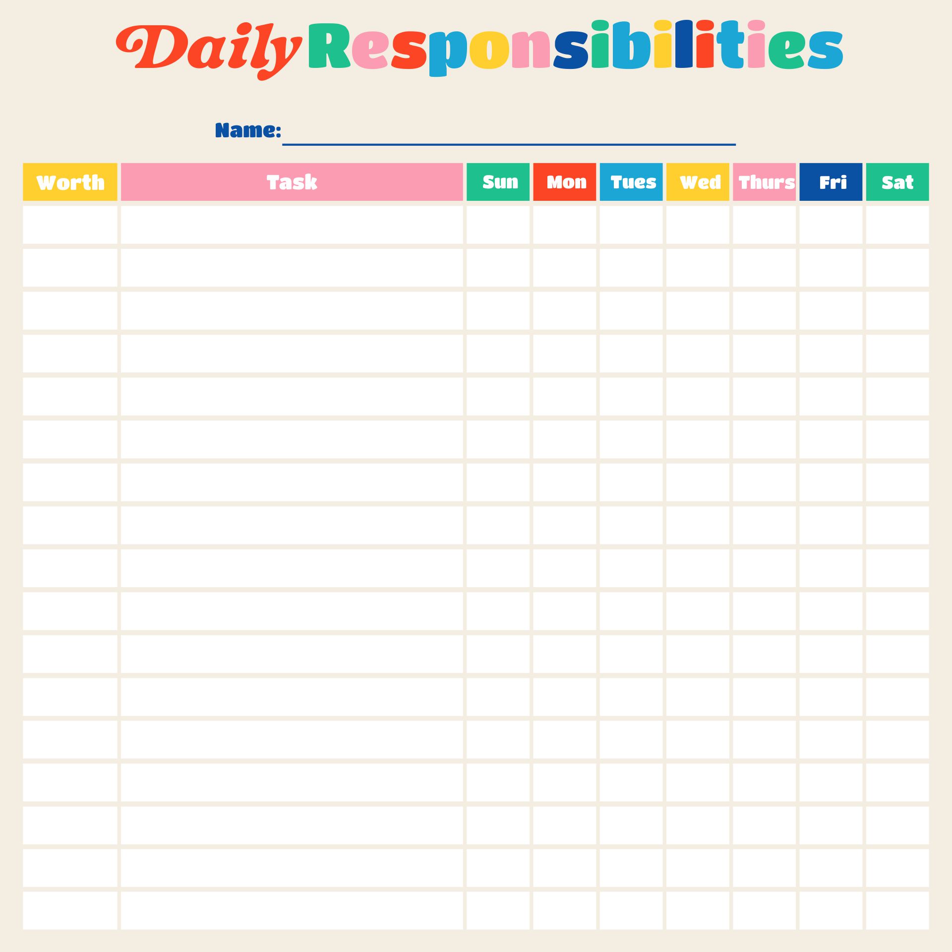 Printable Responsibility Chore Chart