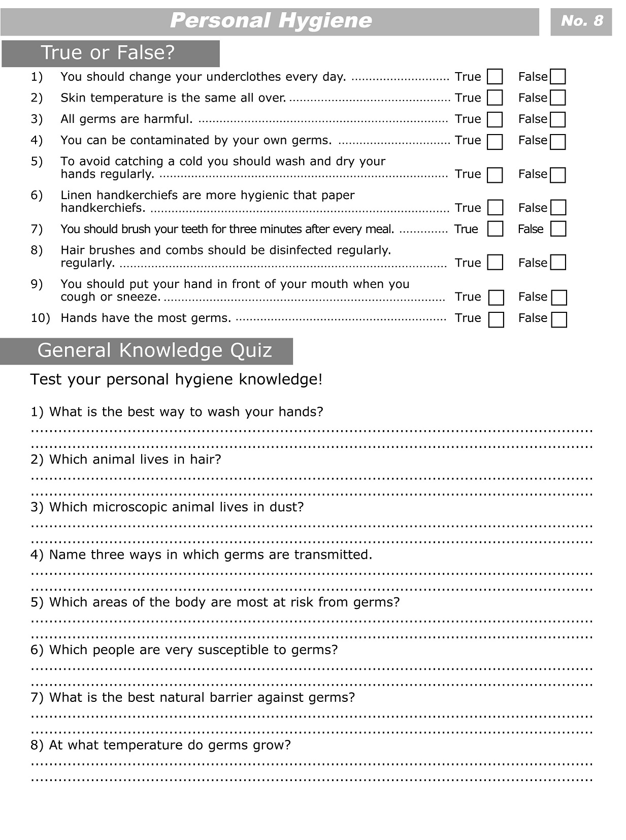 Personal Hygiene Worksheets