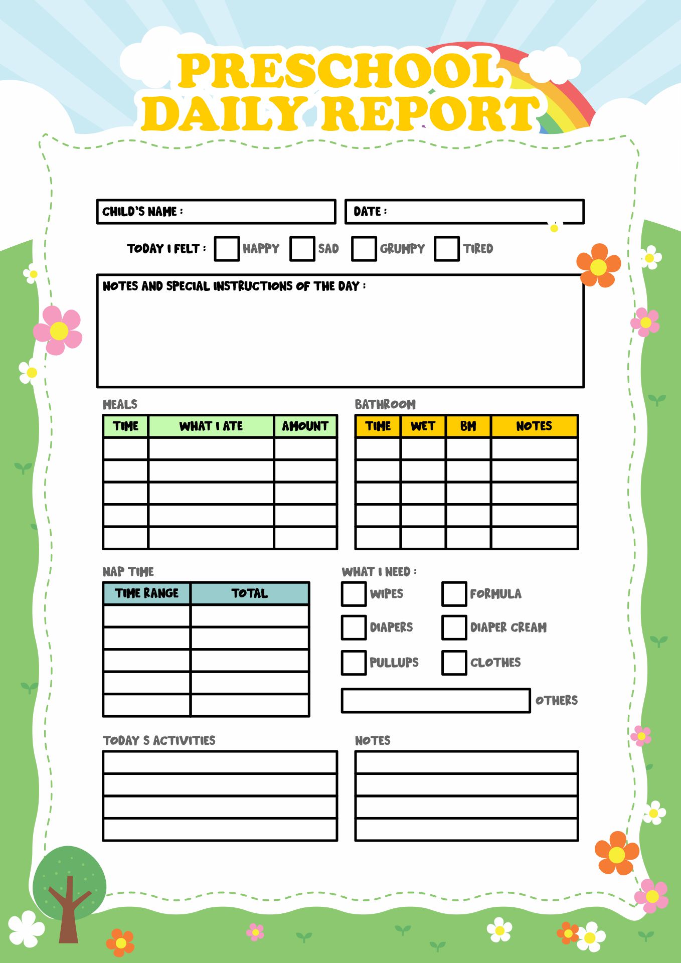 Infant Daily Report Template