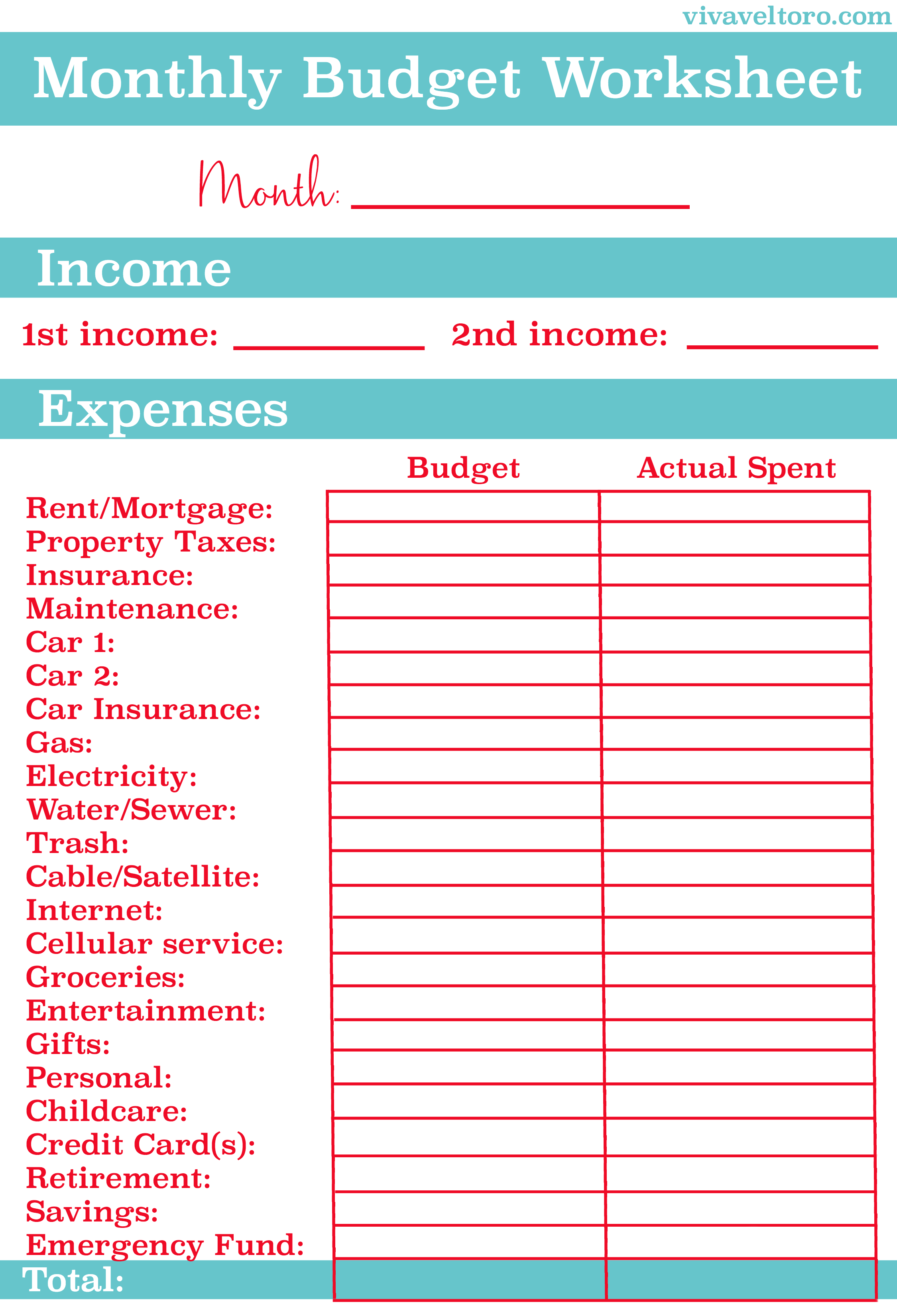 Family Monthly Budget Worksheet Printable