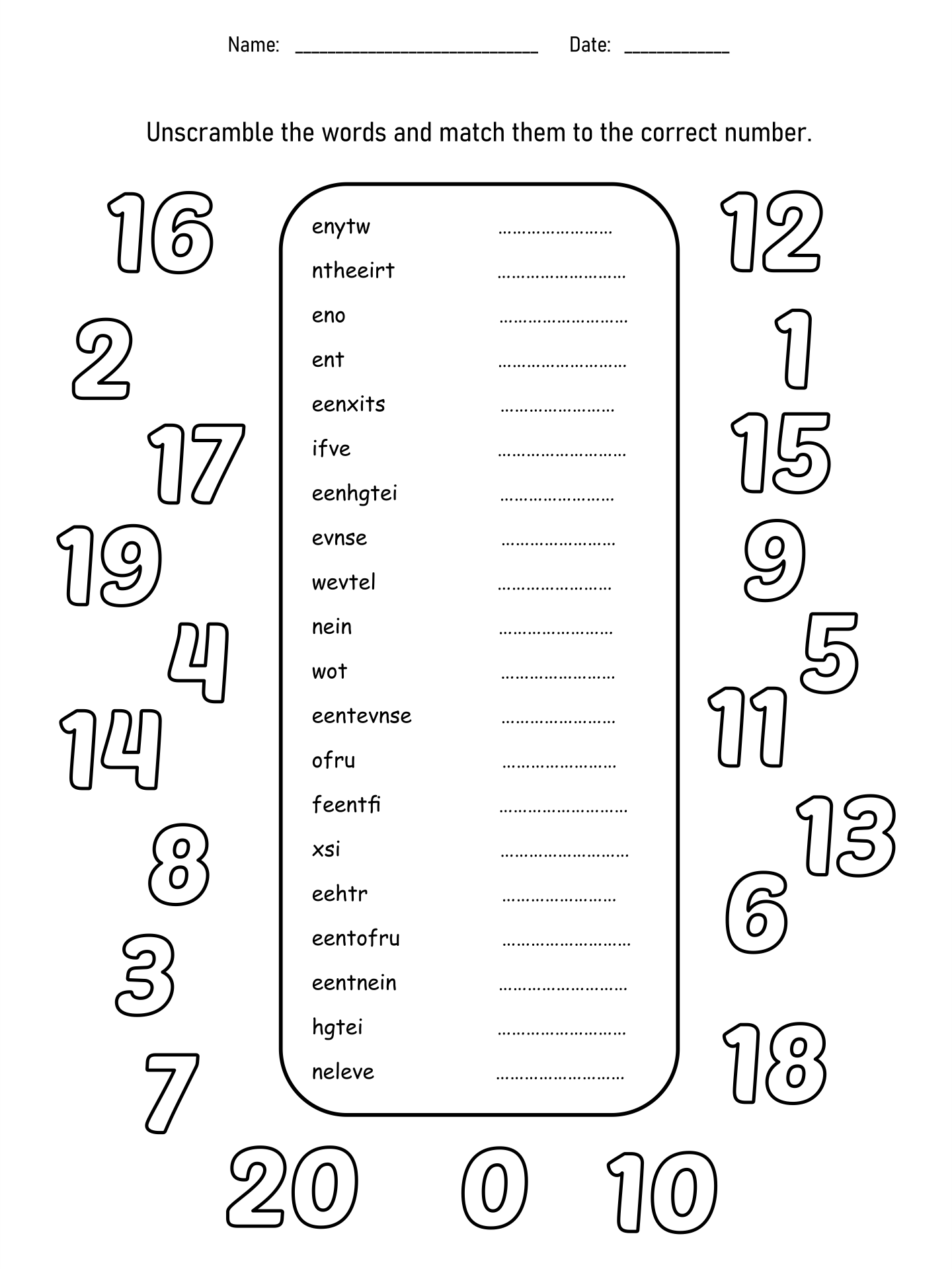 Number Names To 20 Worksheet