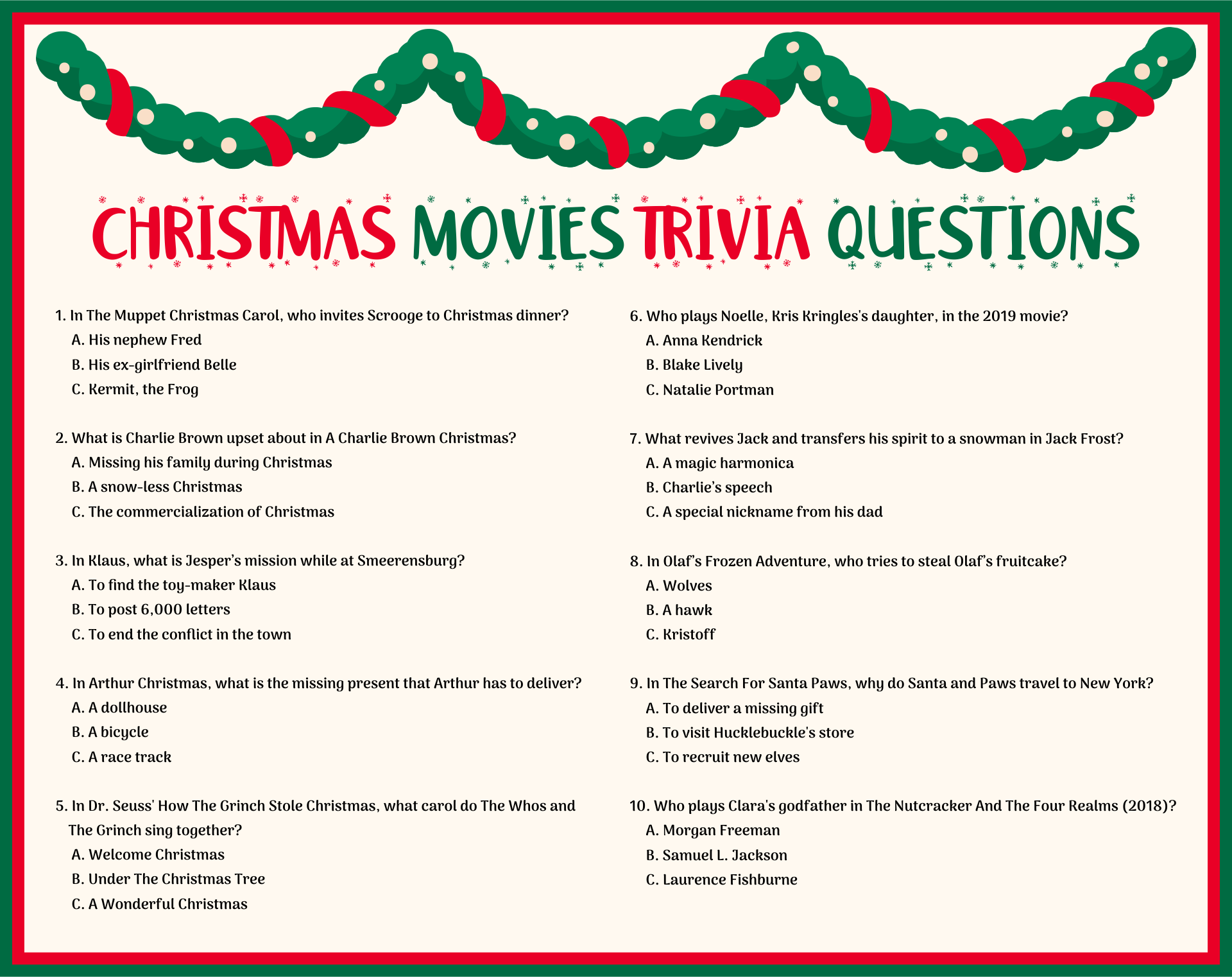 Printable Christmas Trivia Quizzes