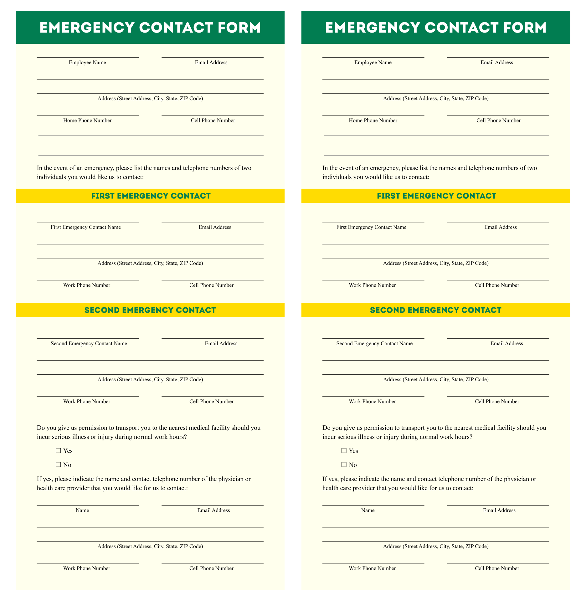 Printable Emergency Contact Form Template Medical