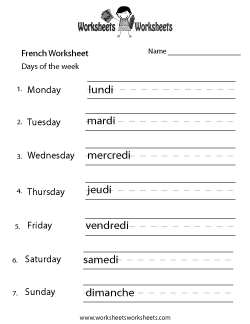 French Days of the Week Worksheets for Kids