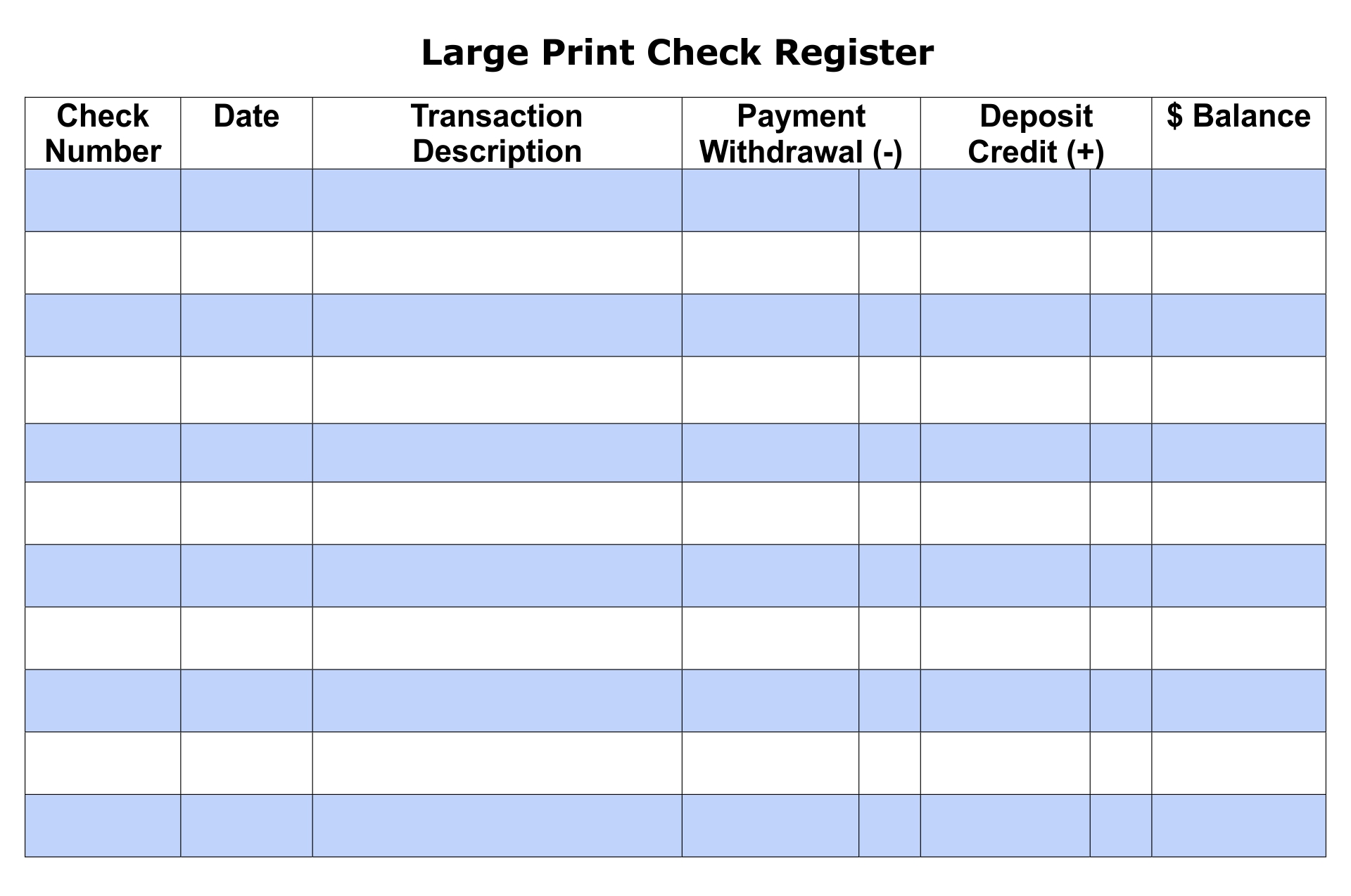 Printable Checkbook Register