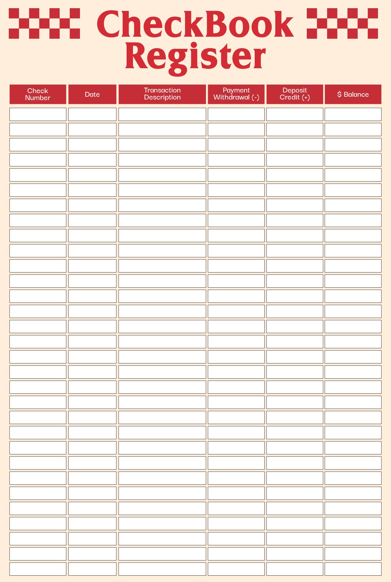 Large Printable Check Register For Checkbook