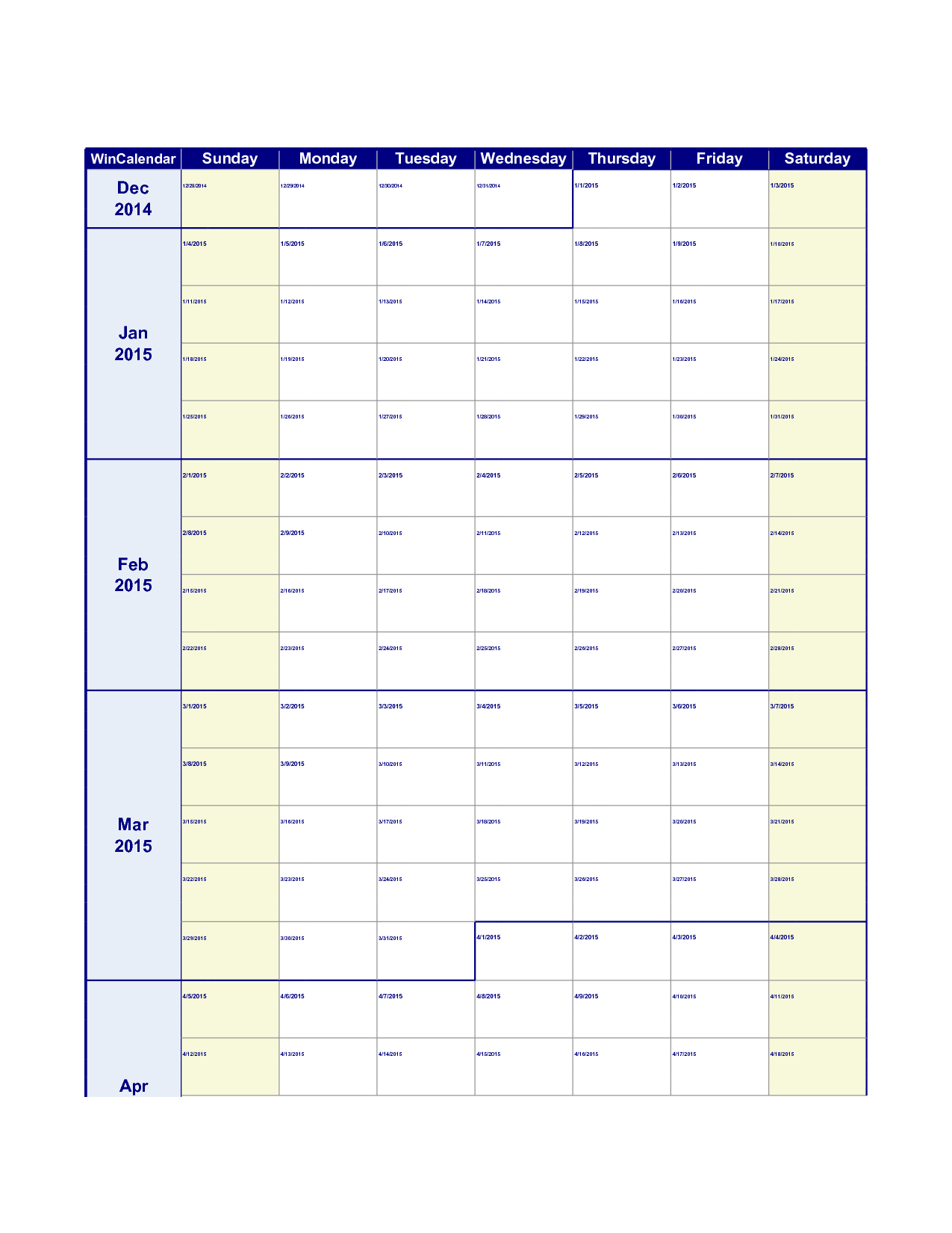 2015 Calendar Work Week