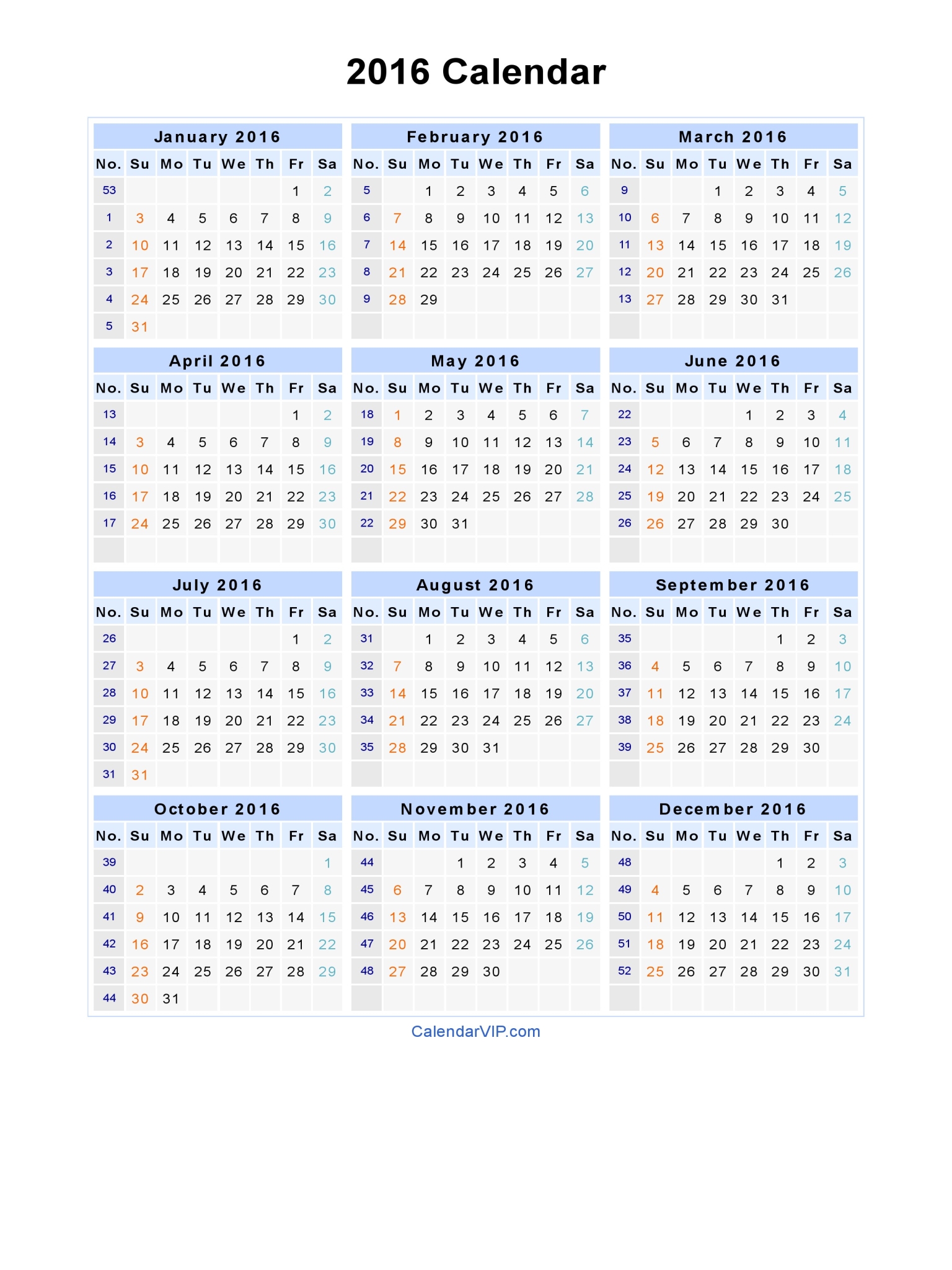 2016 Yearly Calendar Printable One Page