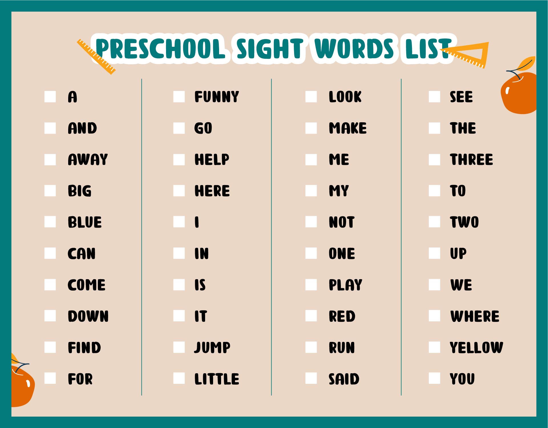 Preschool Printable Kindergarten Sight Words
