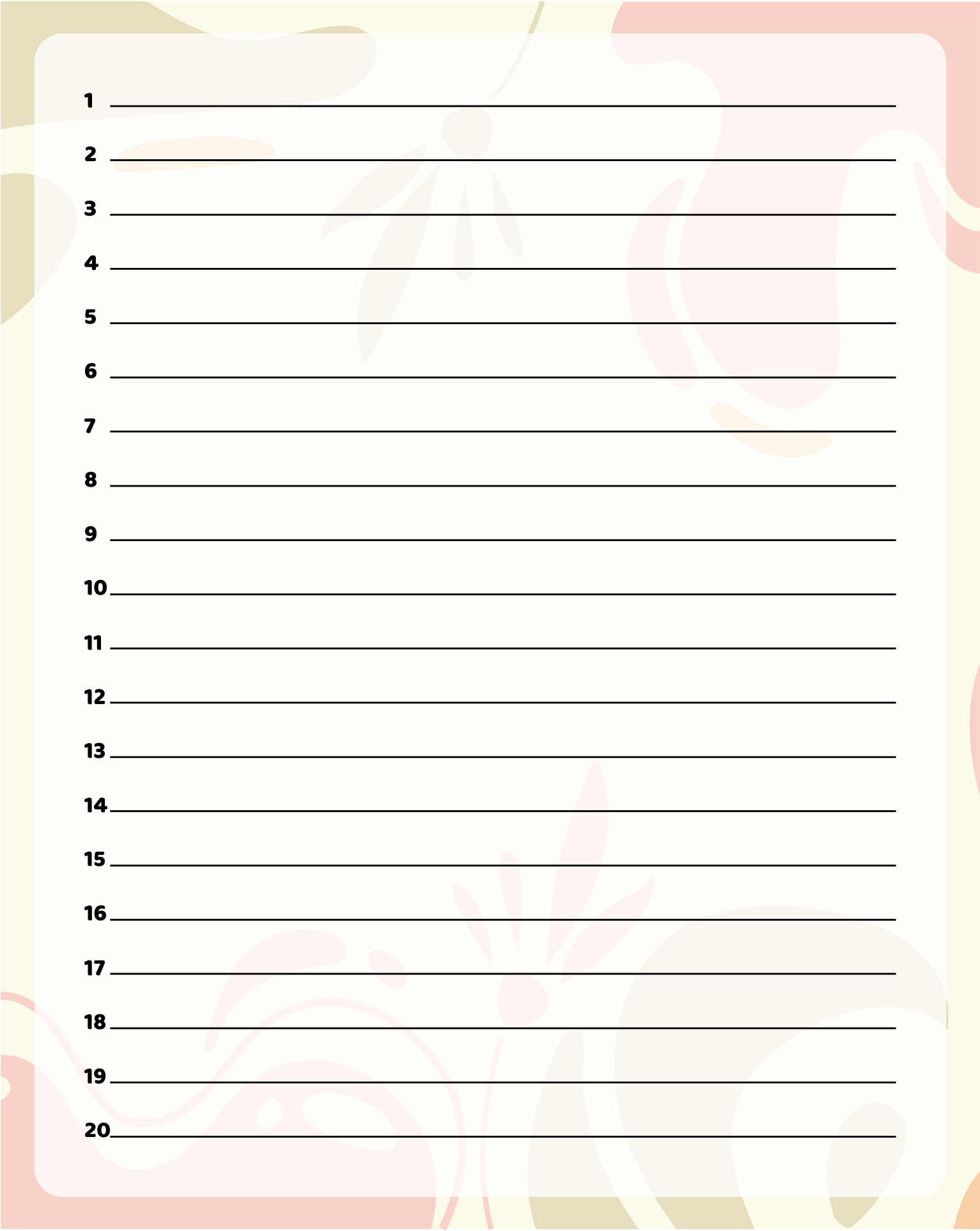 Printable List With Numbered Lines