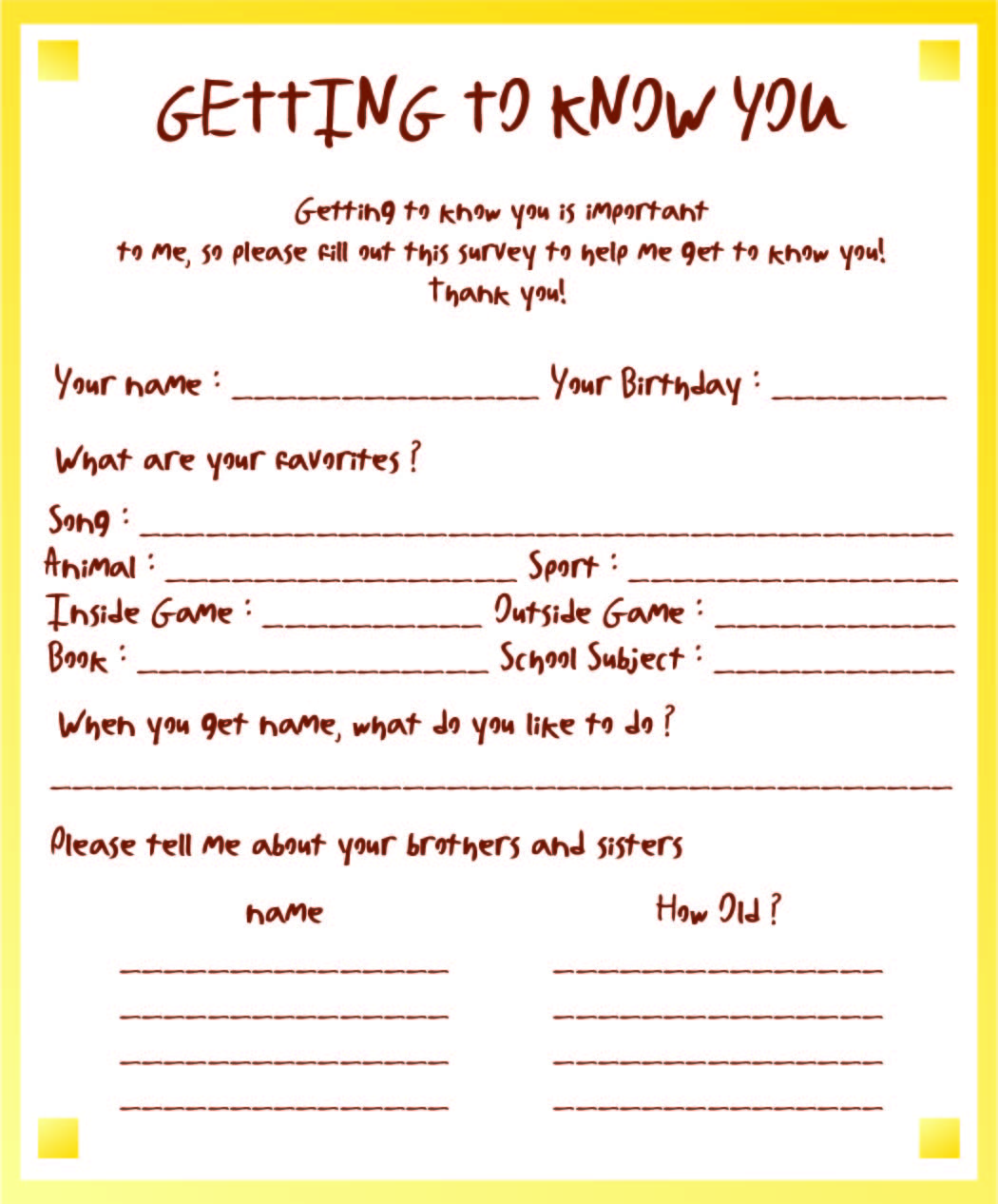 Get To Know You Printable Sheet
