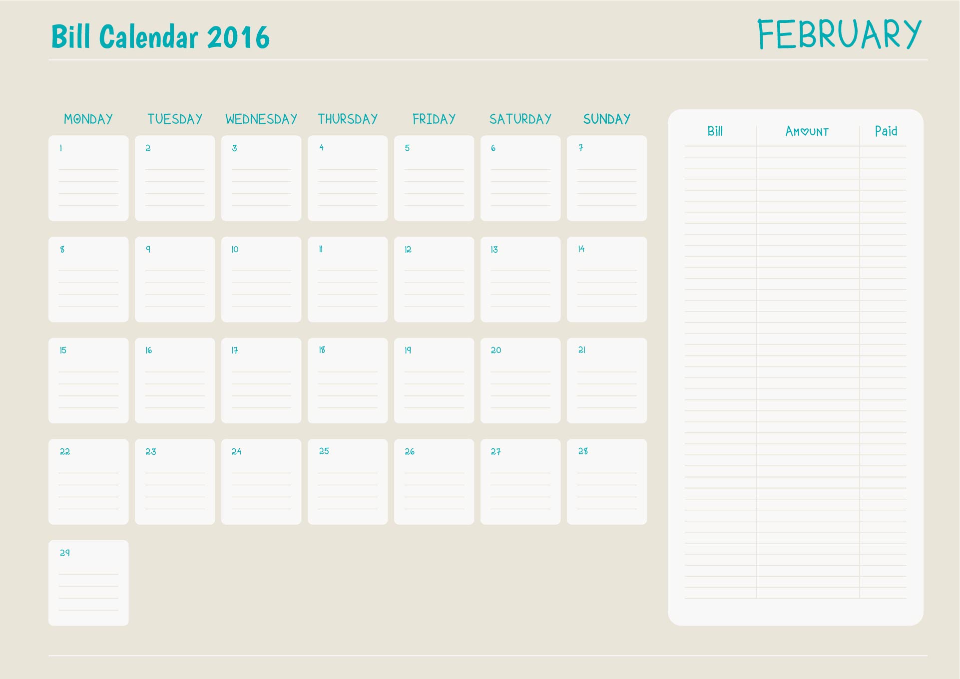  Printable Bill Calendar