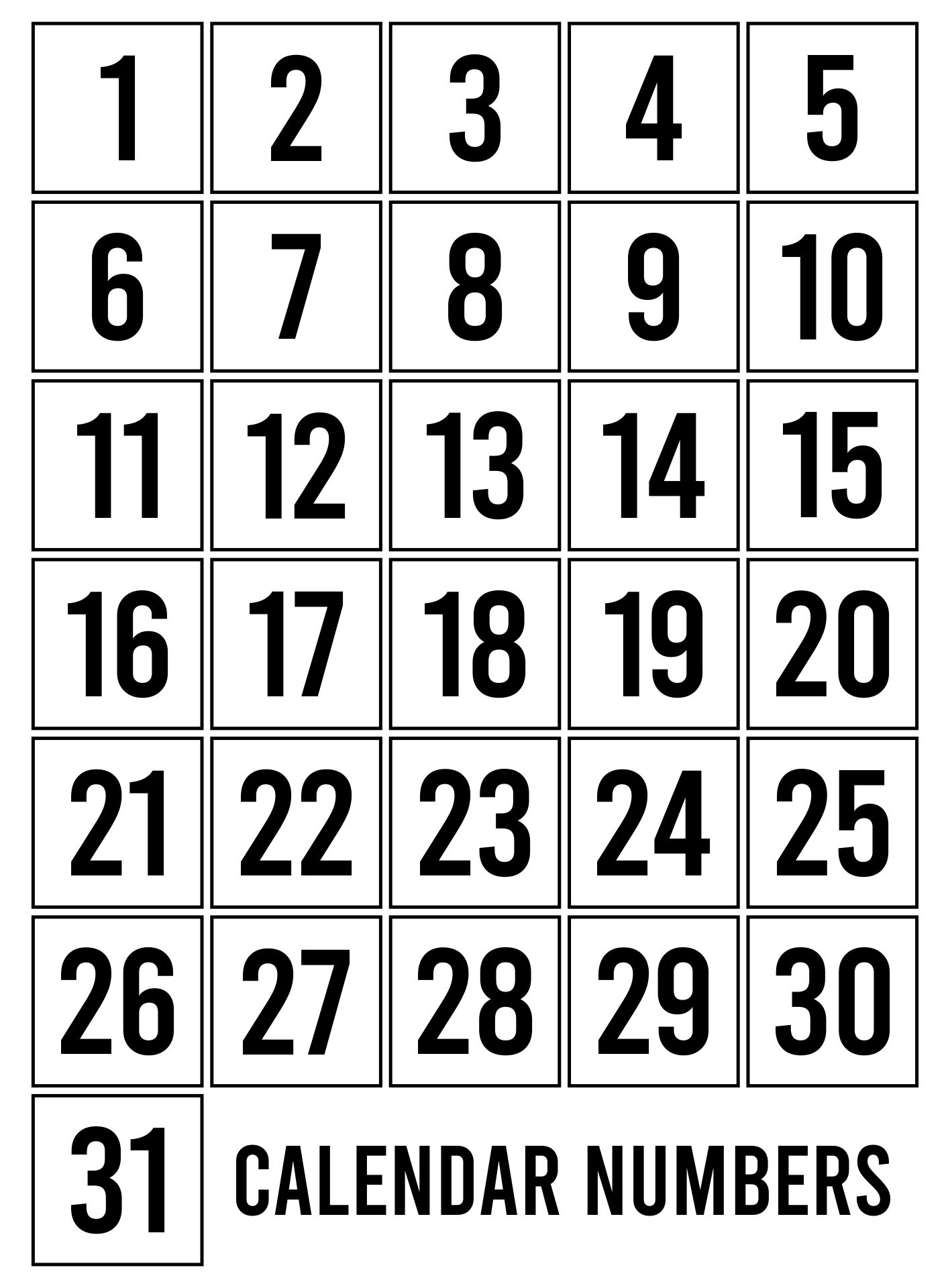 Free Printable Calendar Numbers 1 31 Pdf Printable Calendar Numbers Printable Advent Calendar