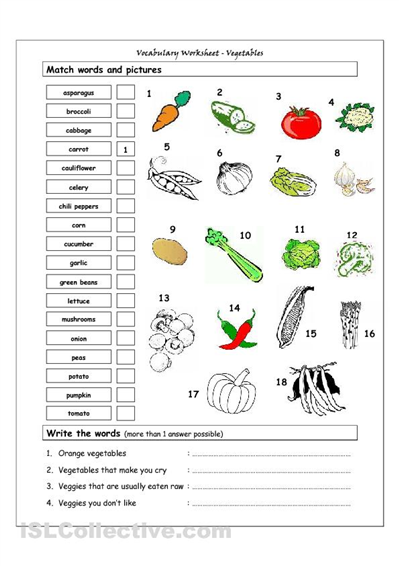 Printable Vegetable Worksheets