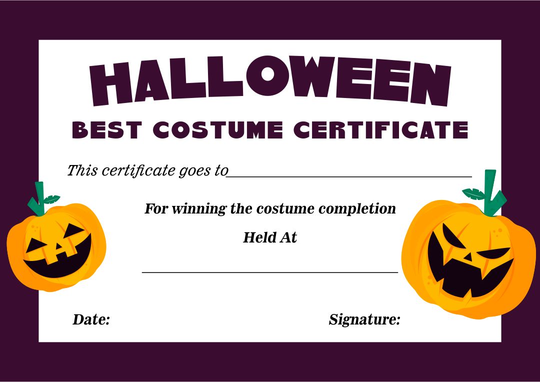 Halloween Costume Certificate Template Free Printable Templates