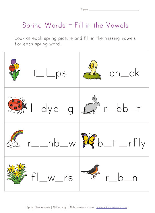 Missing Vowels Worksheets for Kids