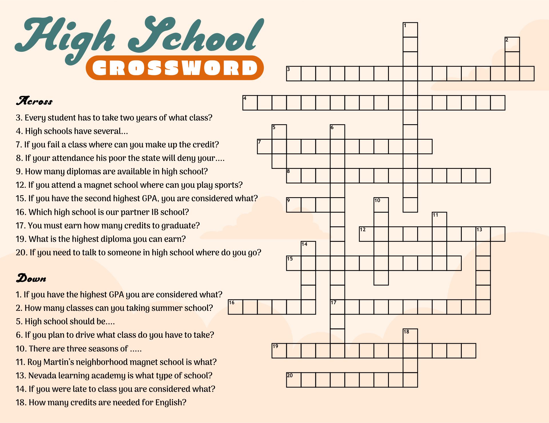 High School Crossword Printable