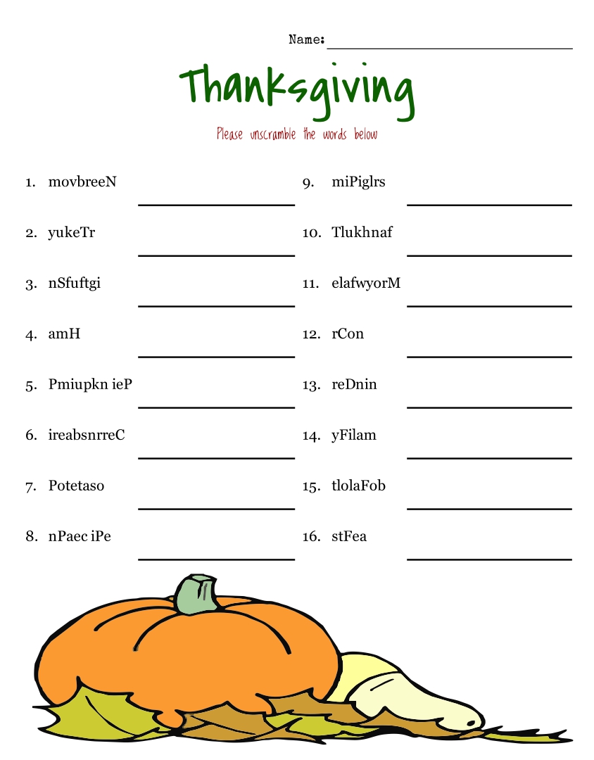 Thanksgiving Word Scramble Printable