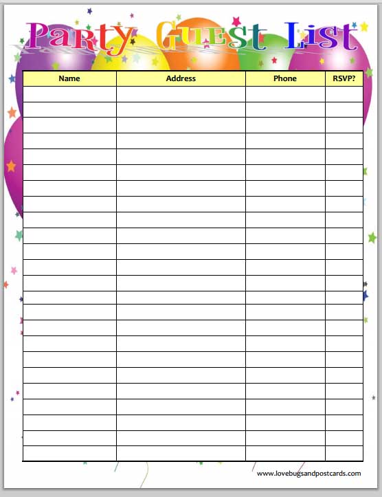 Printable Birthday Party Guest List