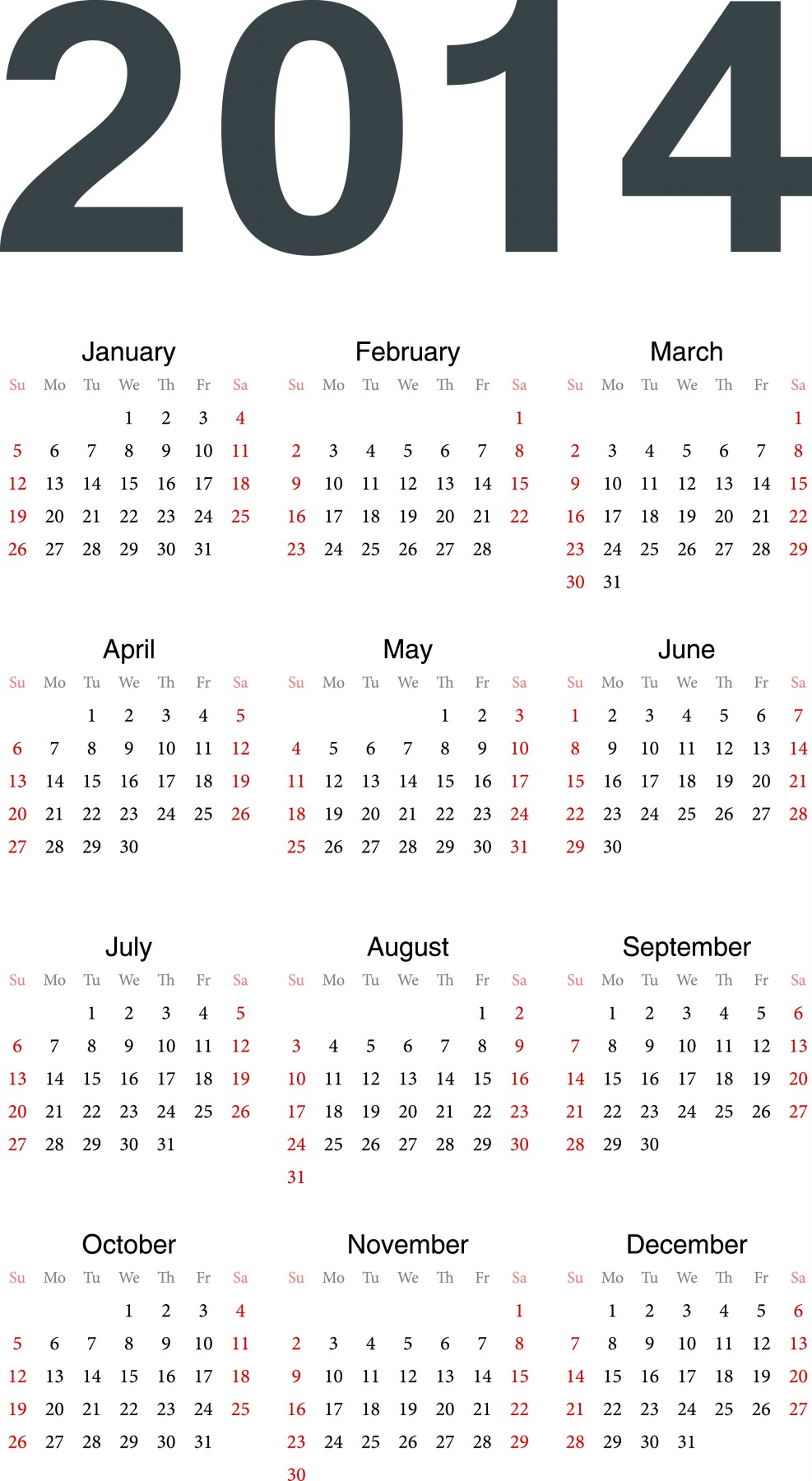 12 Month Calendar 2014 Printable