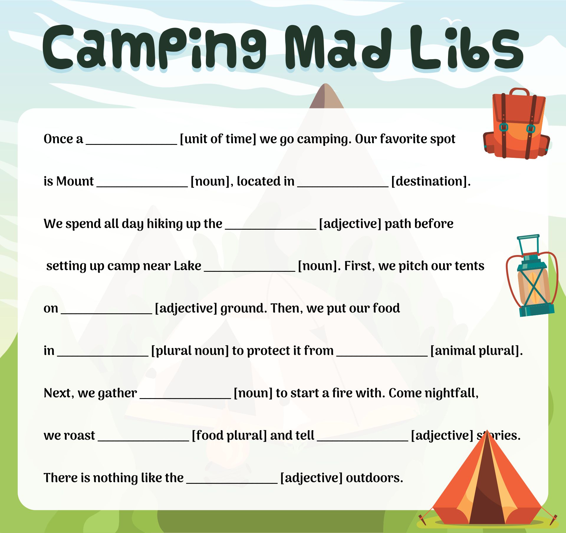 Camping mad libs