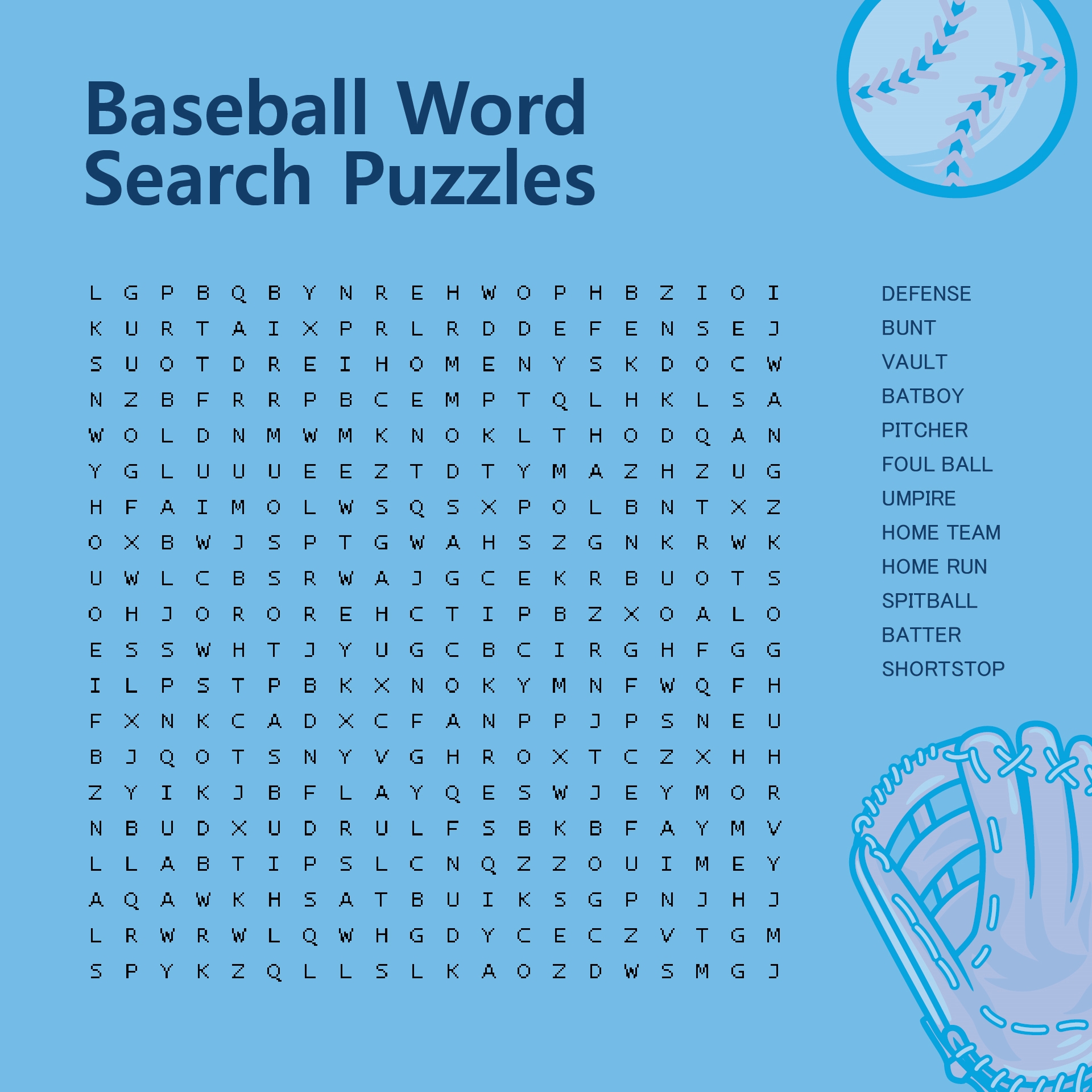 Baseball Word Search Puzzles